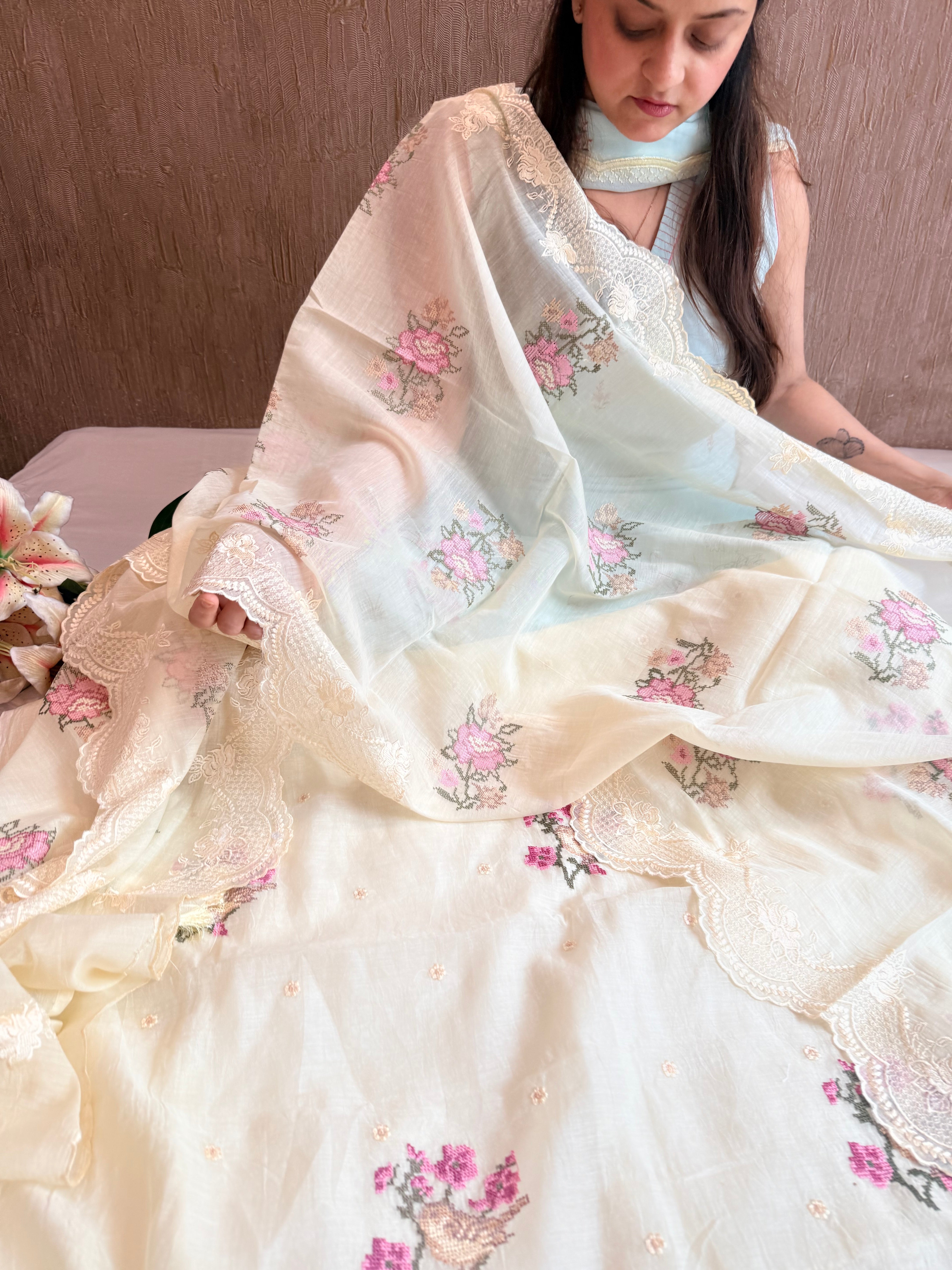 Blush lemon cross-stitch hand embroidered resham work suit set