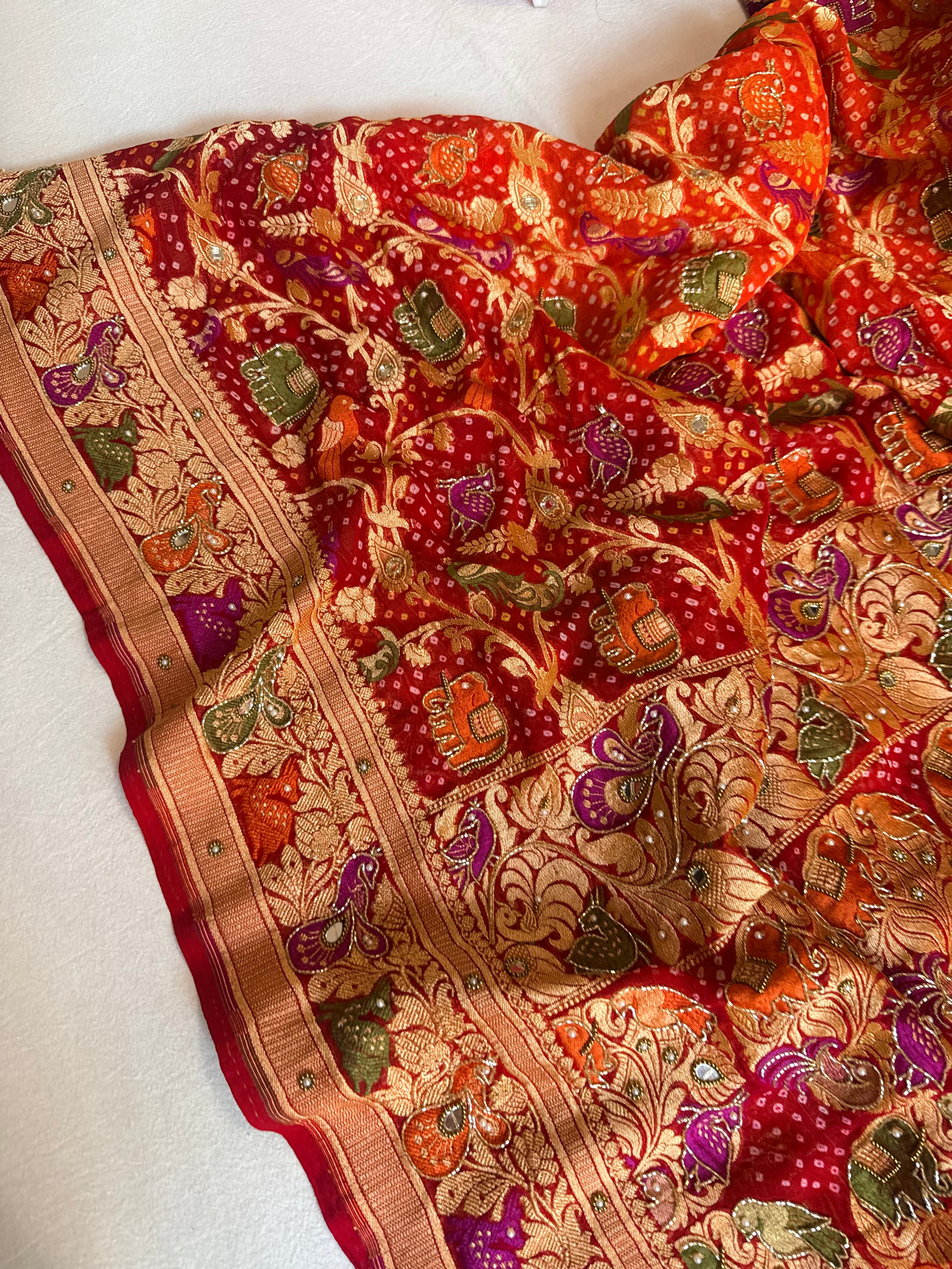 Banarasi chiffon gorgette rai bandhej kadhwa weaving hand embroidered saree