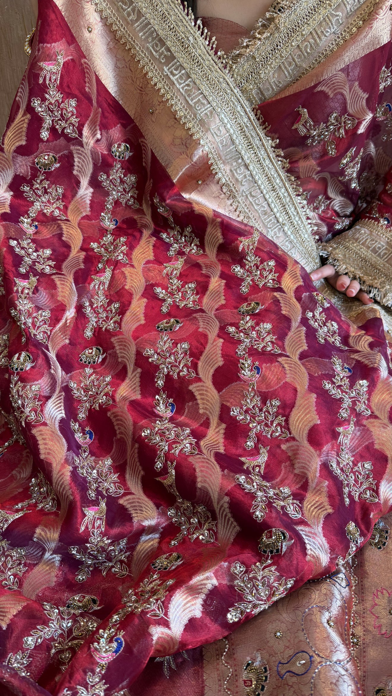 Nayi suhagan edit - Dhup chao blood red tissue silk shikargah zardozi and marodi work hand embroidered jaal work saree