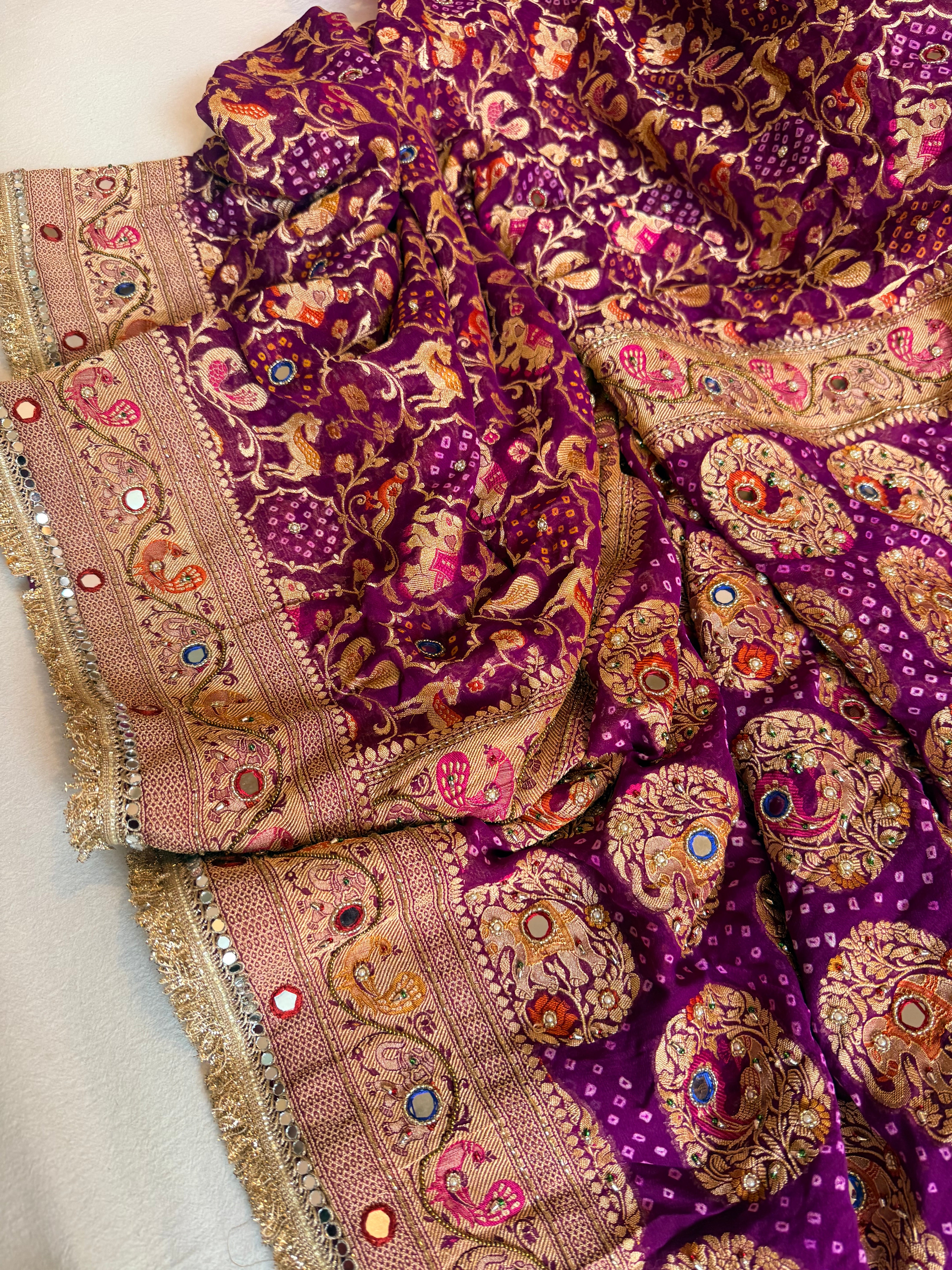 Banarasi chiffon gorgette rai bandhej kadhwa weaving hand embroidered saree
