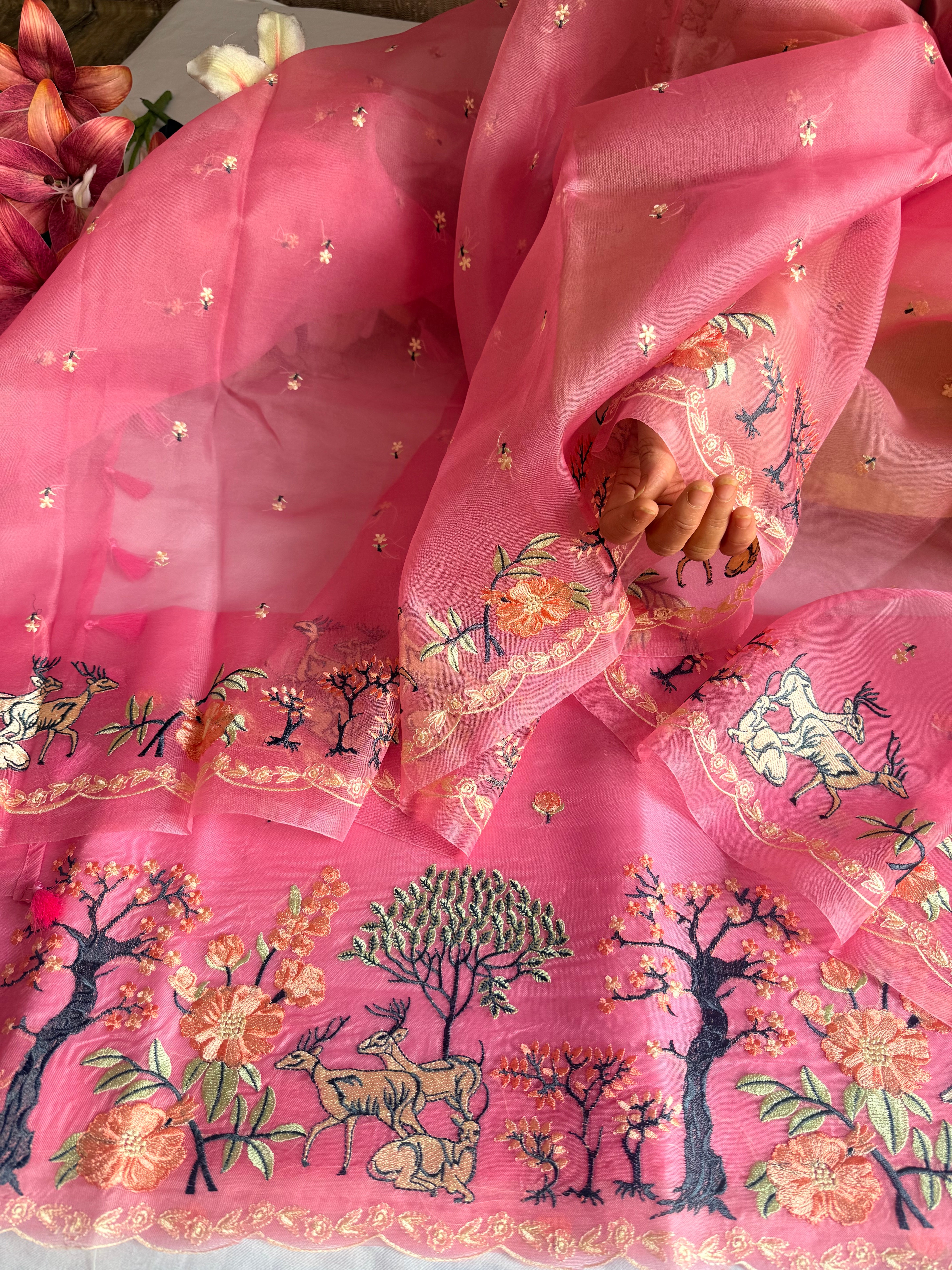 Parsigara kora silk bagh motif hand embroidered suit sets