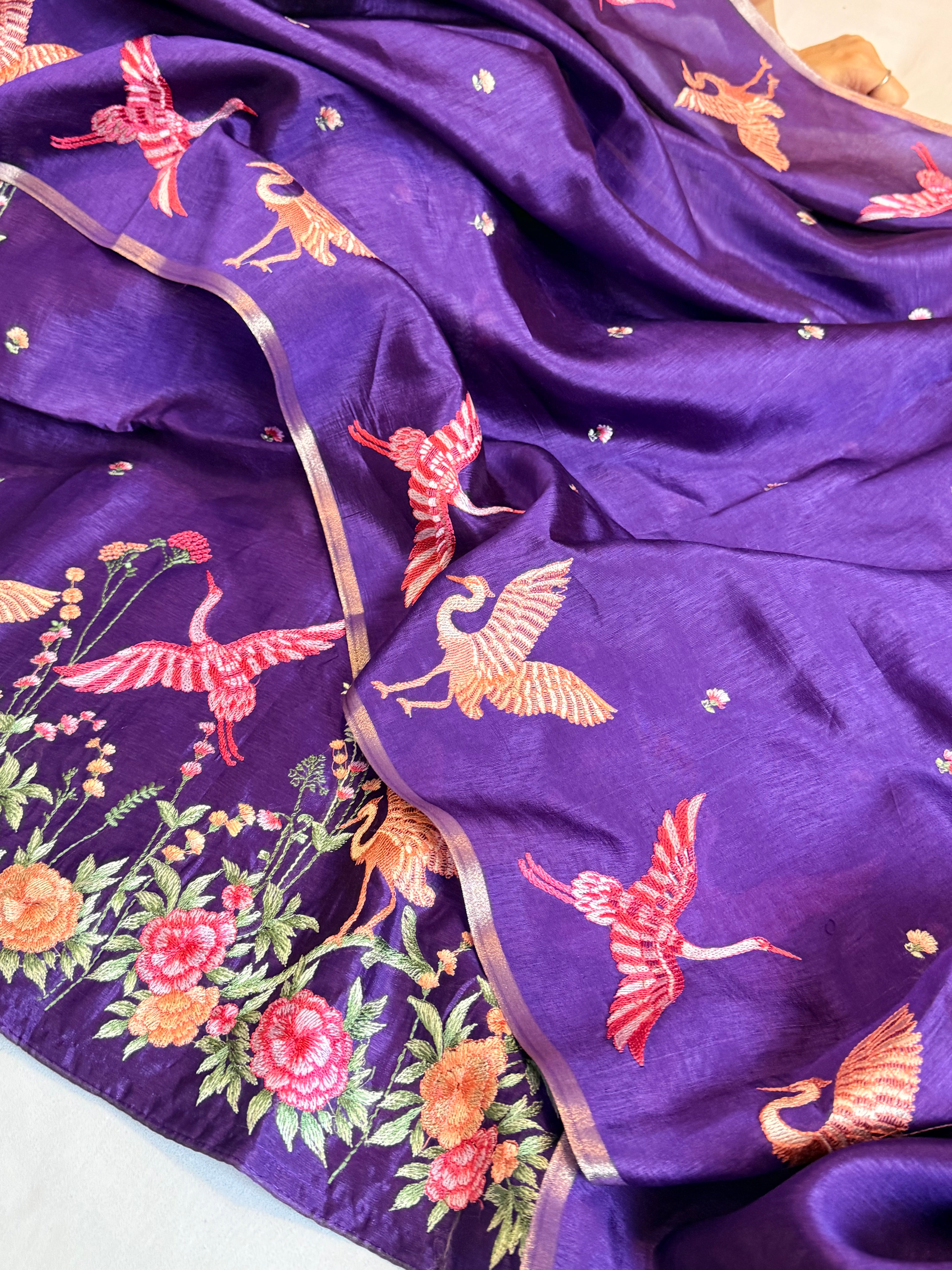 BELOW 8K - Parsi gara purple resham work banarasi chiniya silk kadhwa suit sets