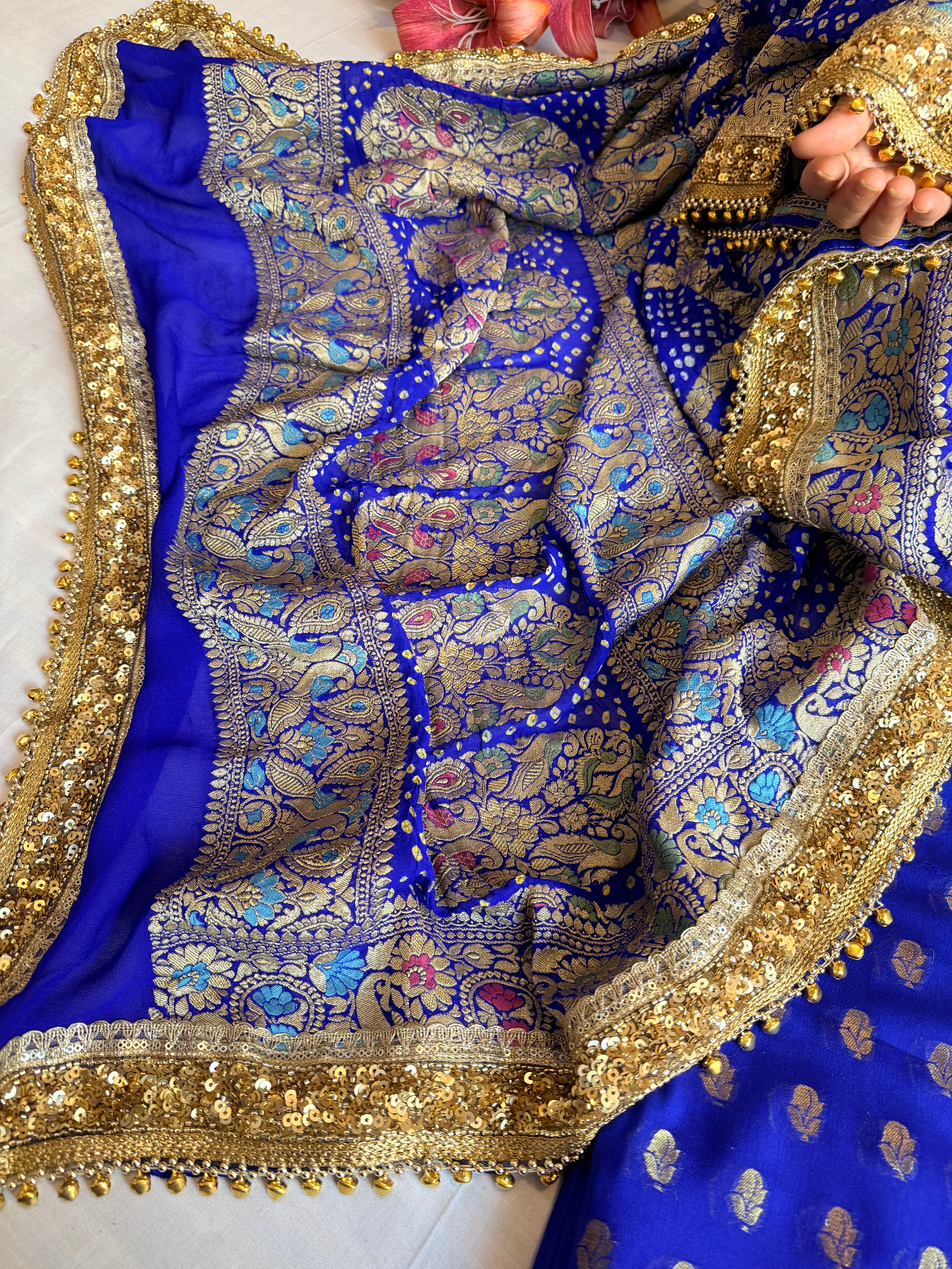 Banarasi bandhej electric blue ghungroo and sequin work chiffon gorgette kadhwa suit set