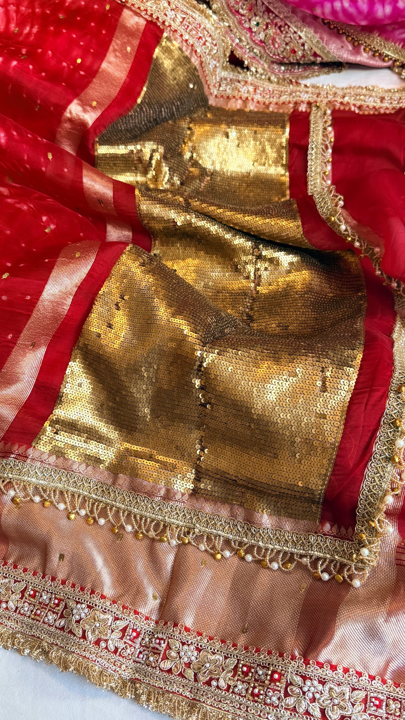 Chan Chan ghungroo blood red work kora silk leheriya dye kadhwa saree