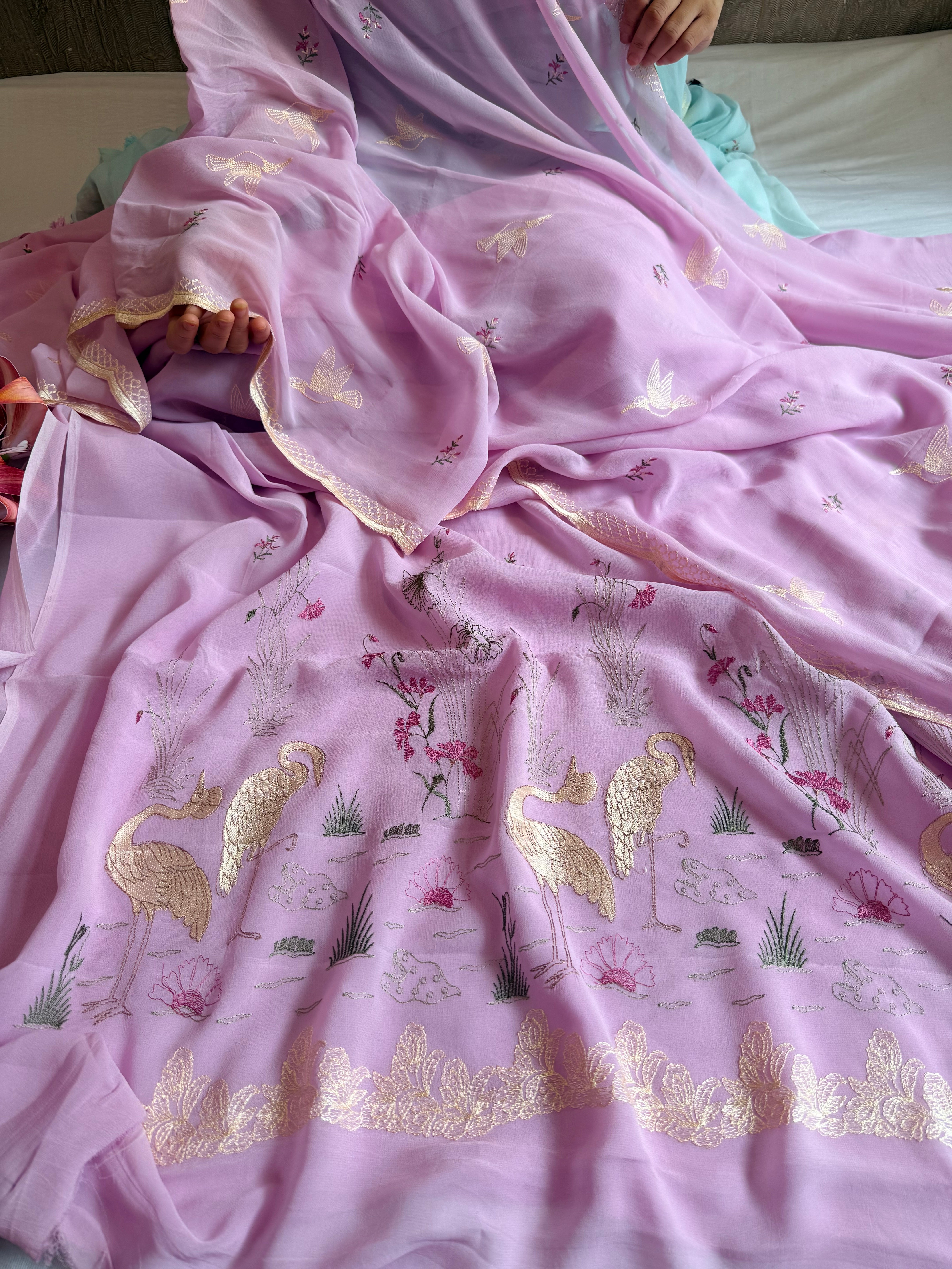 Chiffon gorgette blush lilac flamingo meenakari hand embroidered suit