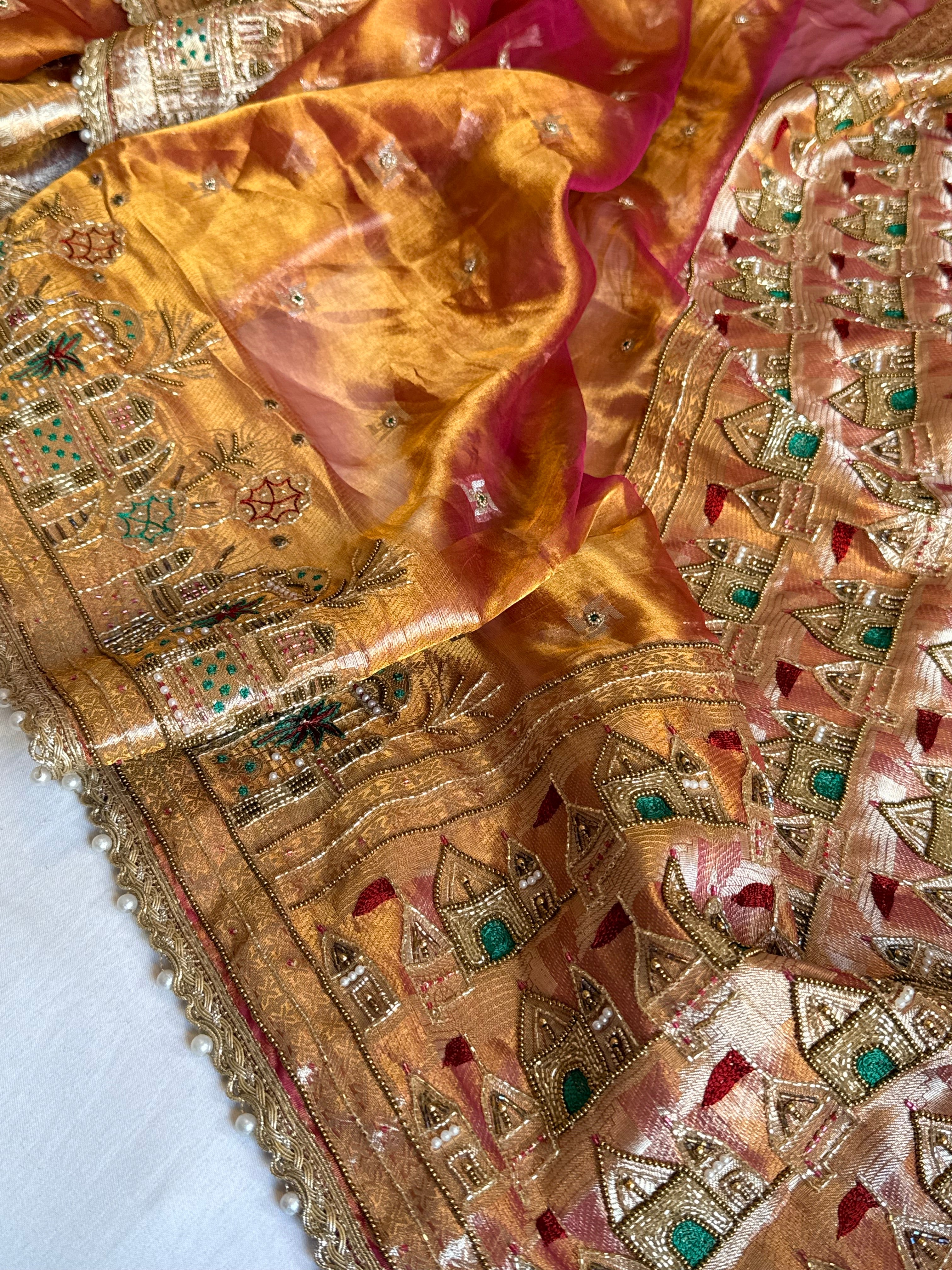Ganga-darshan edit - Tissue silk kanjivaram cherry pink hand embroidered kadhwa saree