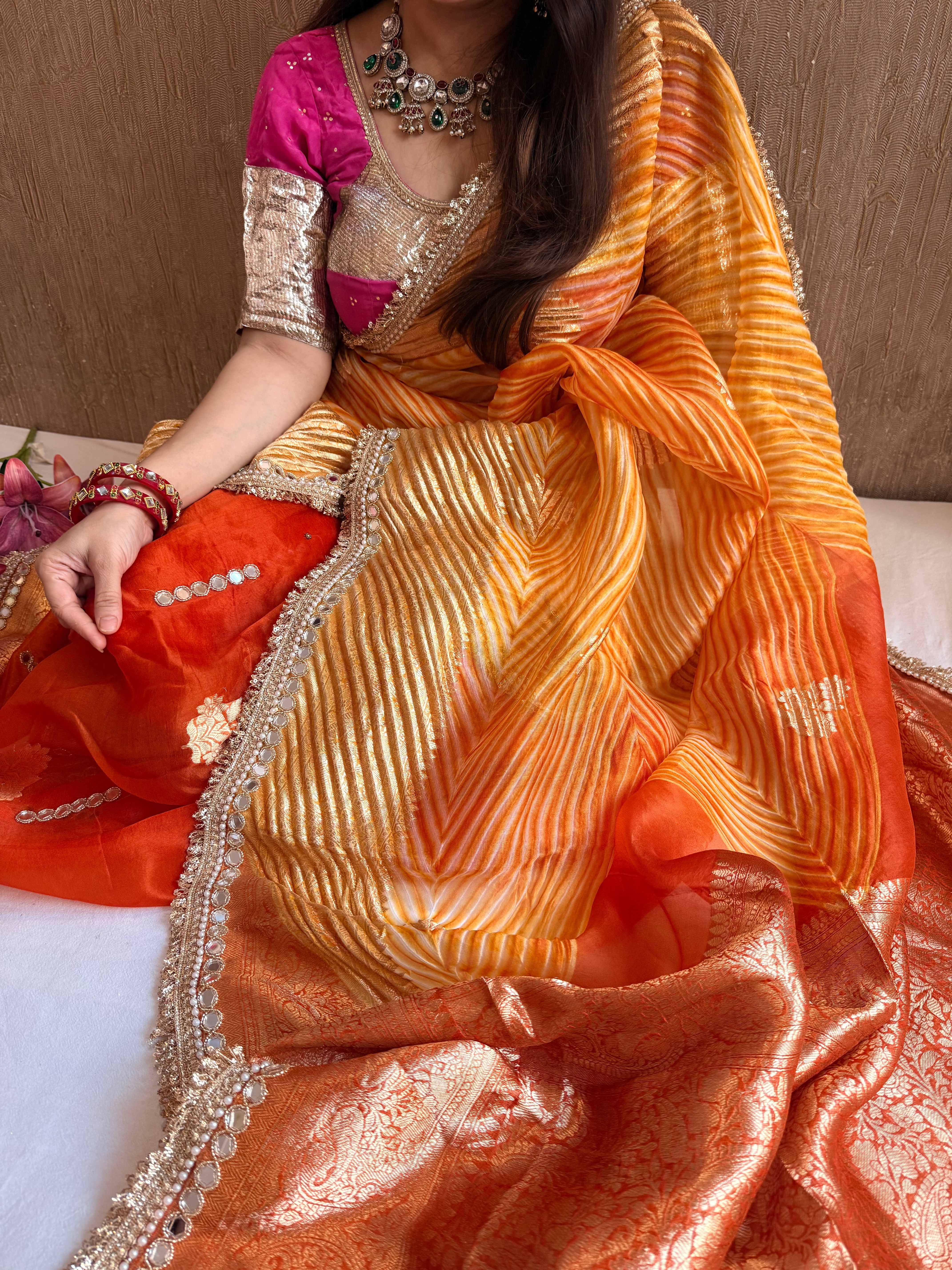 Sunset orange banarasi kora silk mirrorwork arshi dyed kadhwa saree