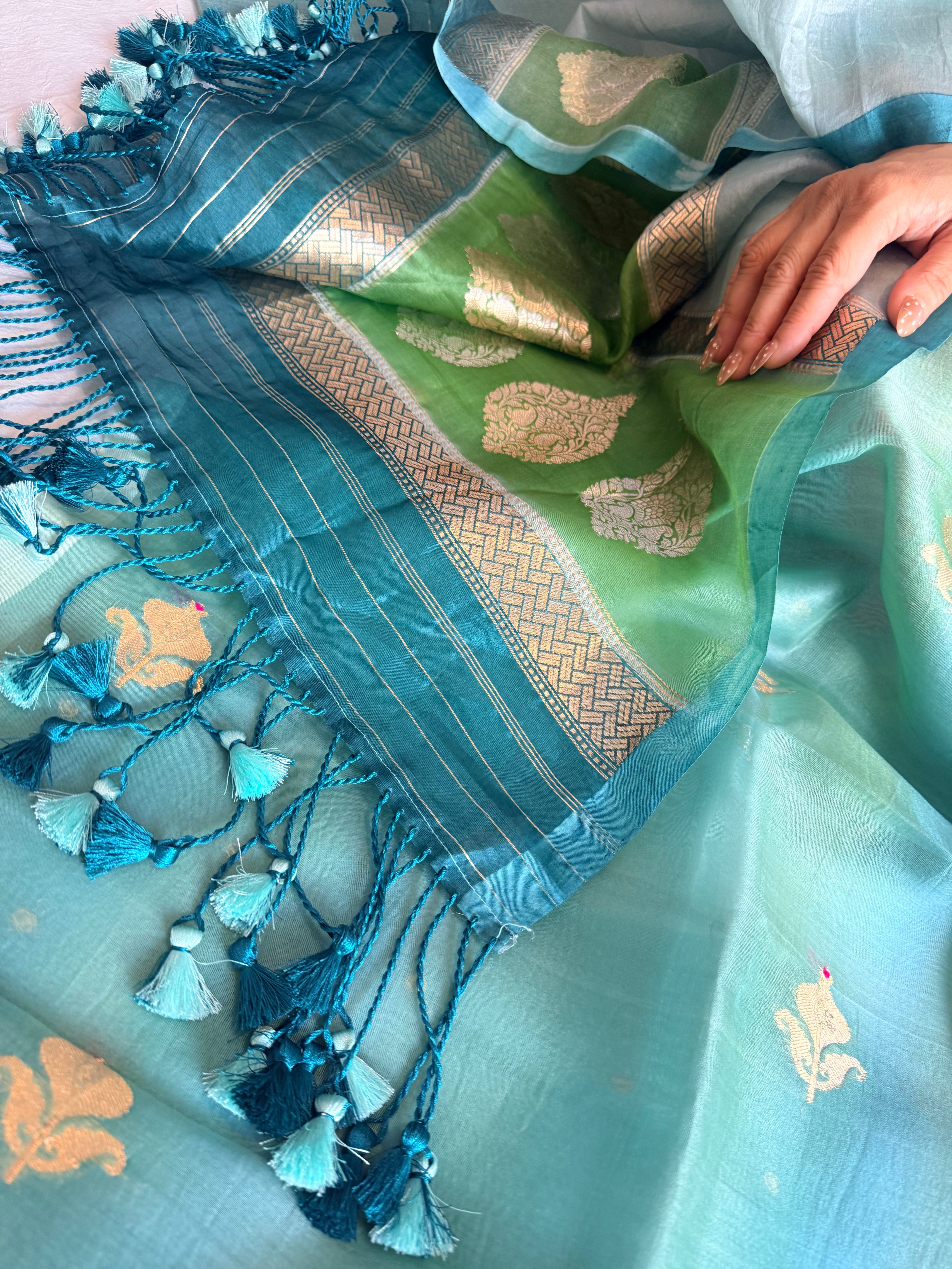 Ice blue shaded kora silk rainbow dye kadhwa banarasi suit set