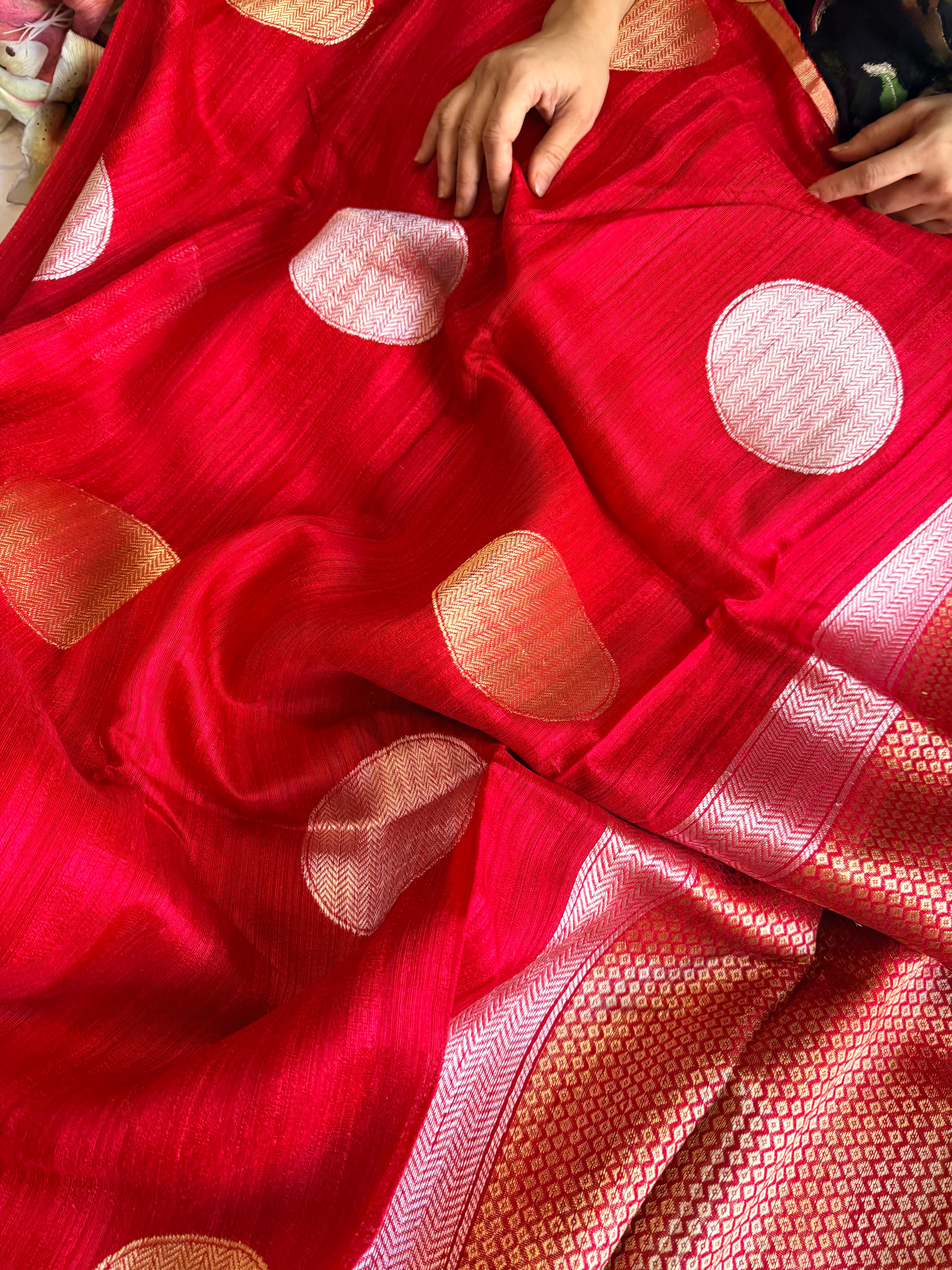 Blood red tussar gorgette kadhwa weaving saree
