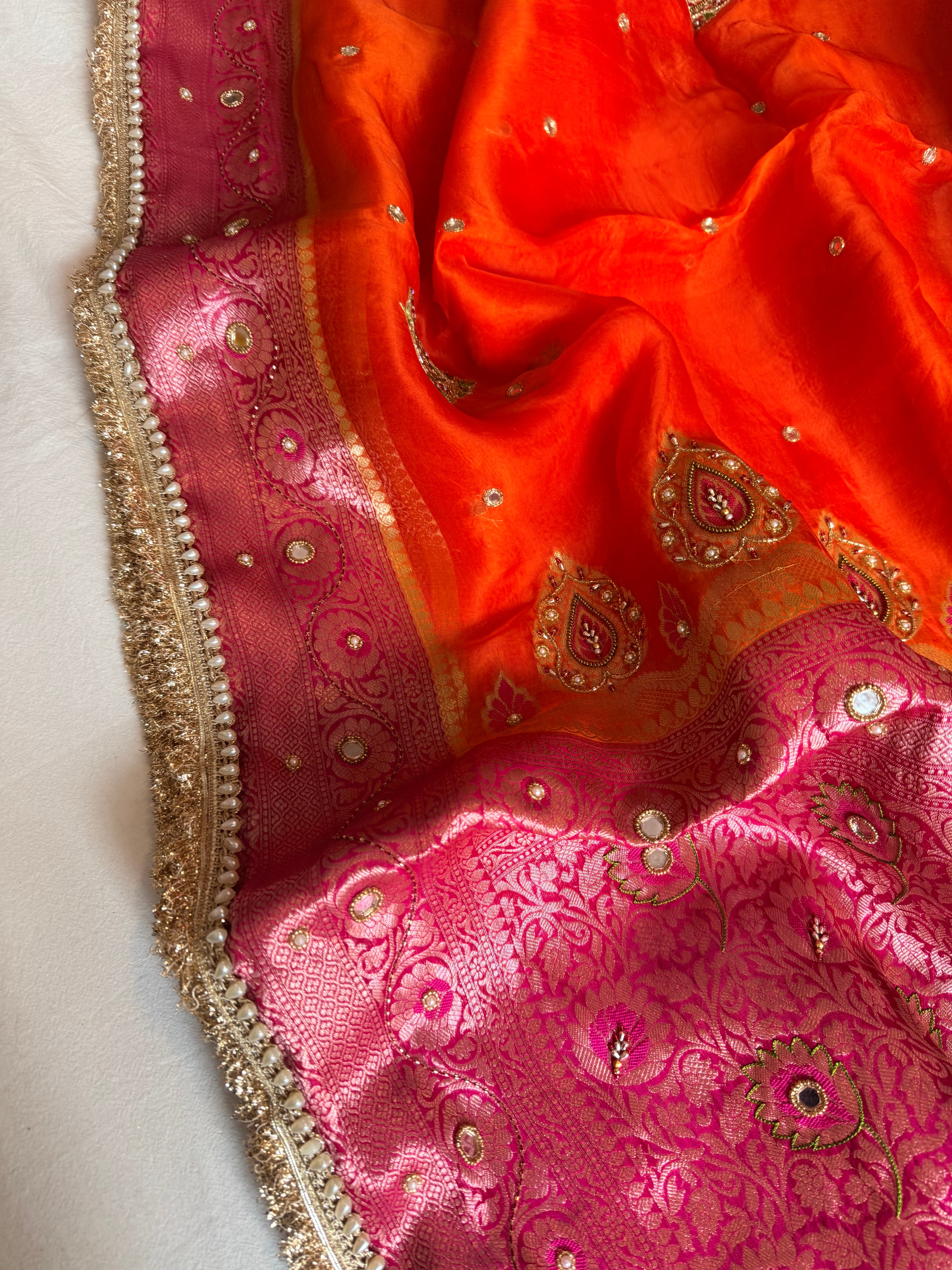 Husn ganga jamuna contrast border kora silk hand embroidered saree
