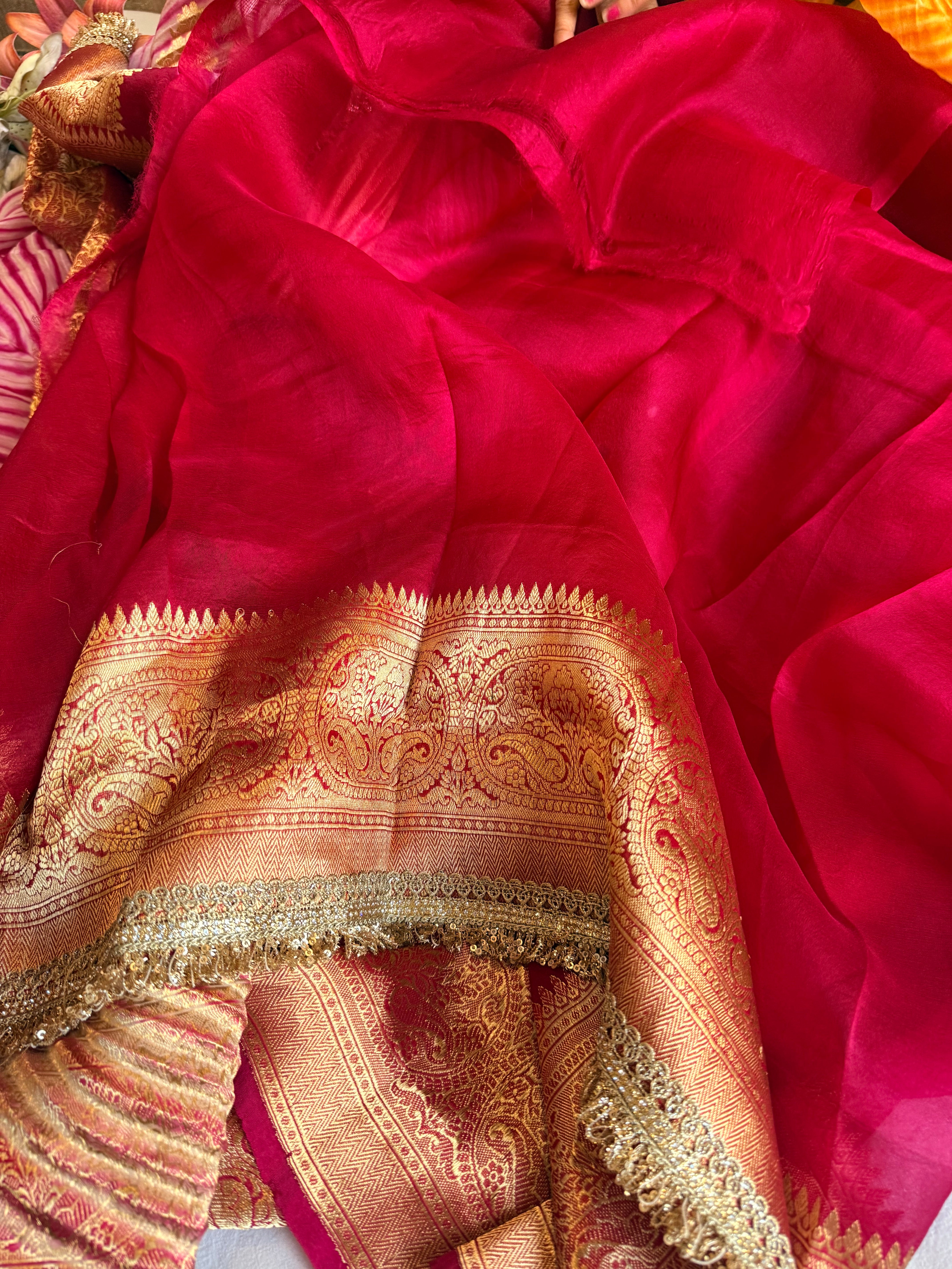 Hot pink banarasi kora silk arshi dyed kadhwa saree