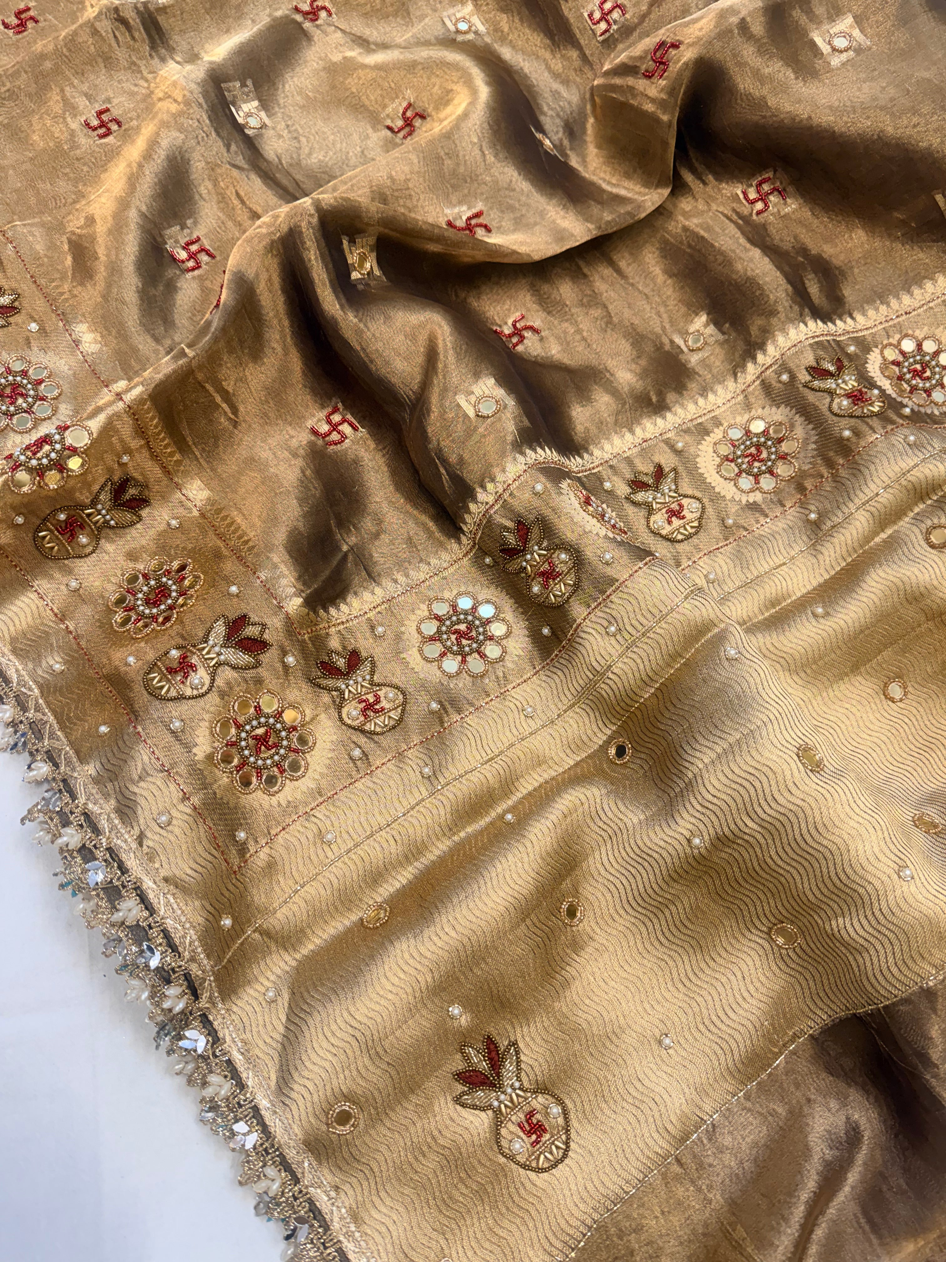 Grah-pravesh wali antique gold hand embroidered kadhwa saree