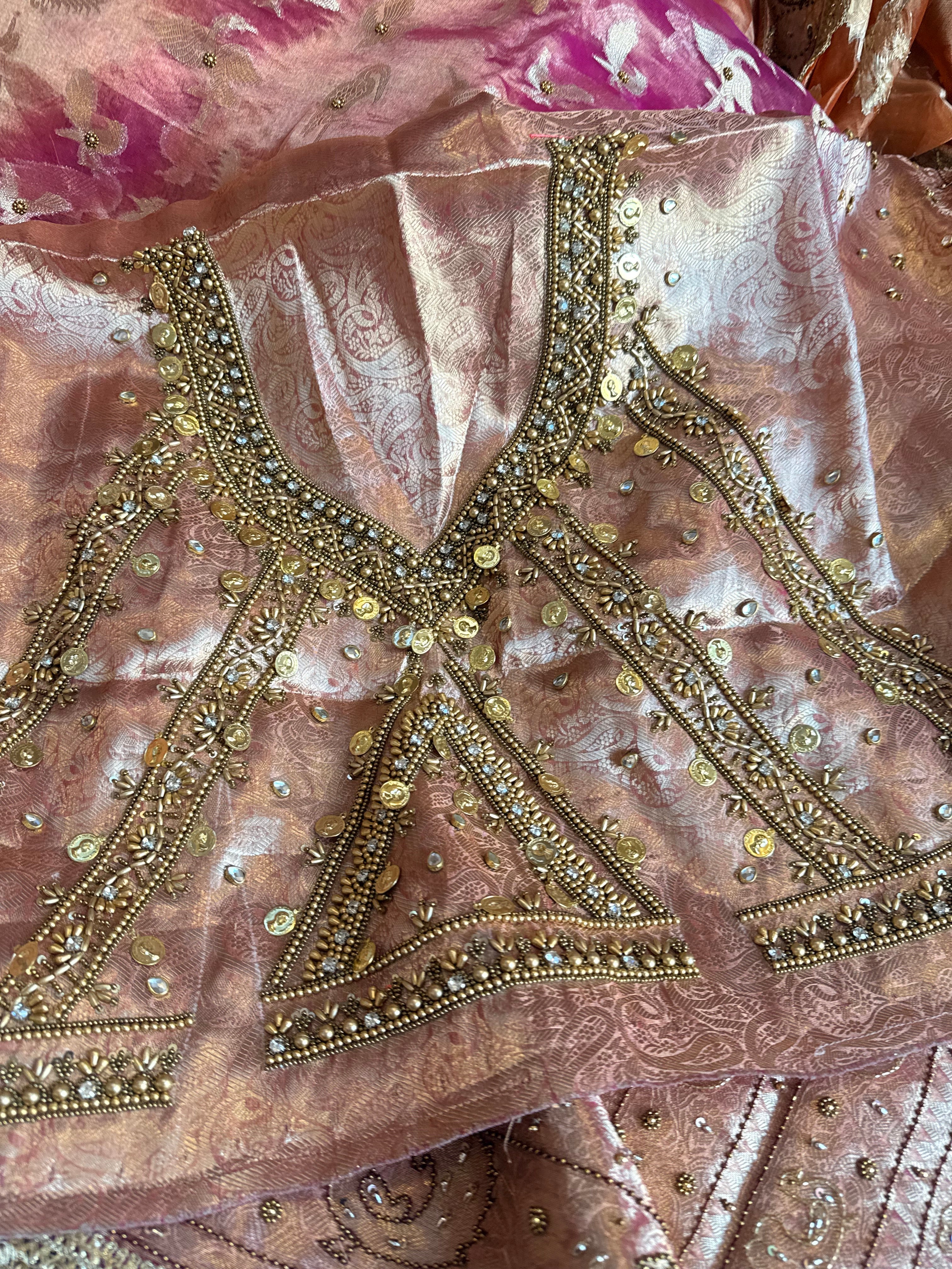 Chiraiya wali saree - Rani pink tissue silk figure motif weaving and hand embroidered saree