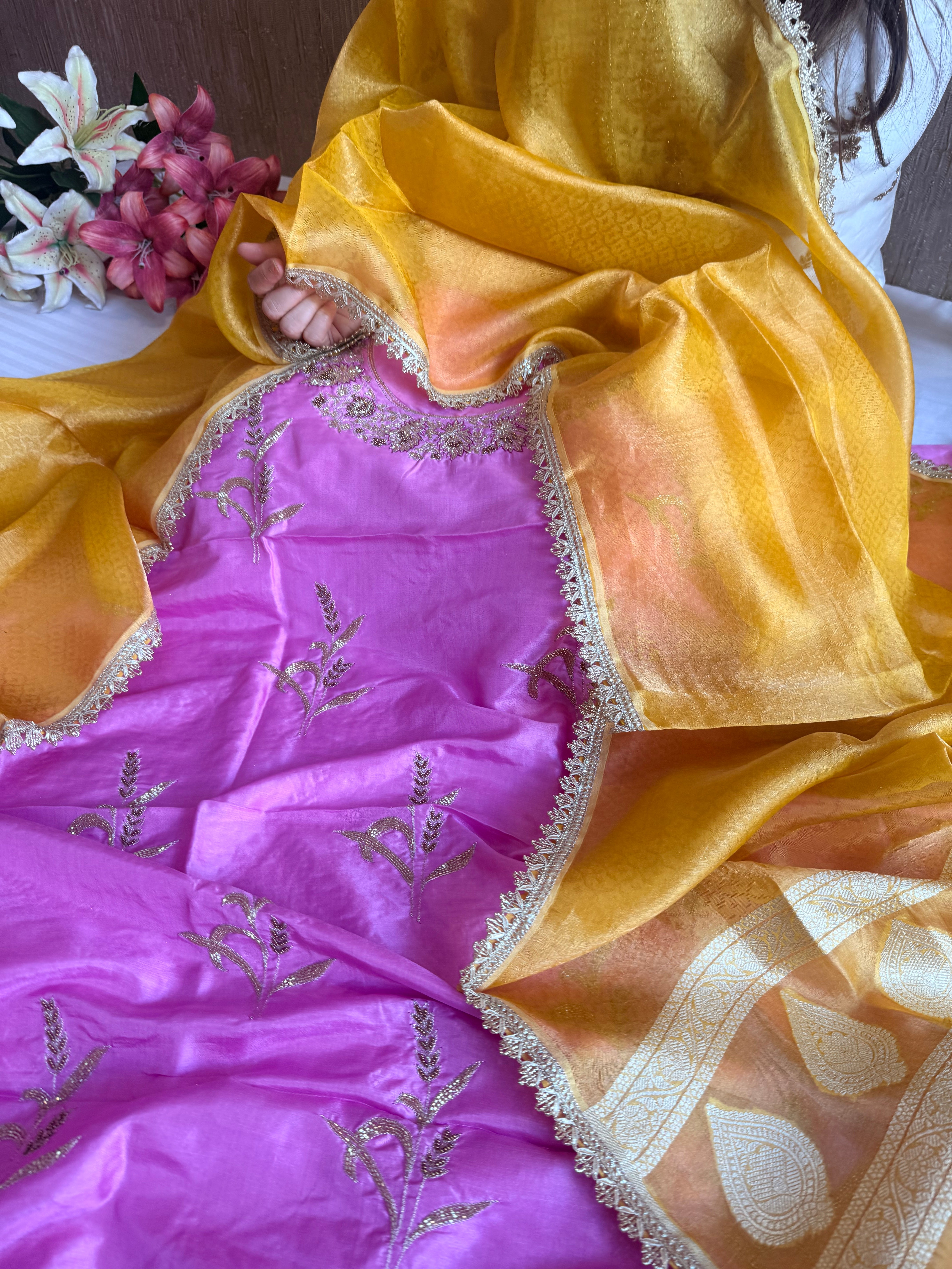 Barbie pink - haldi yellow chiniya silk kadhwa buta kurta paired with kora silk red duppata
