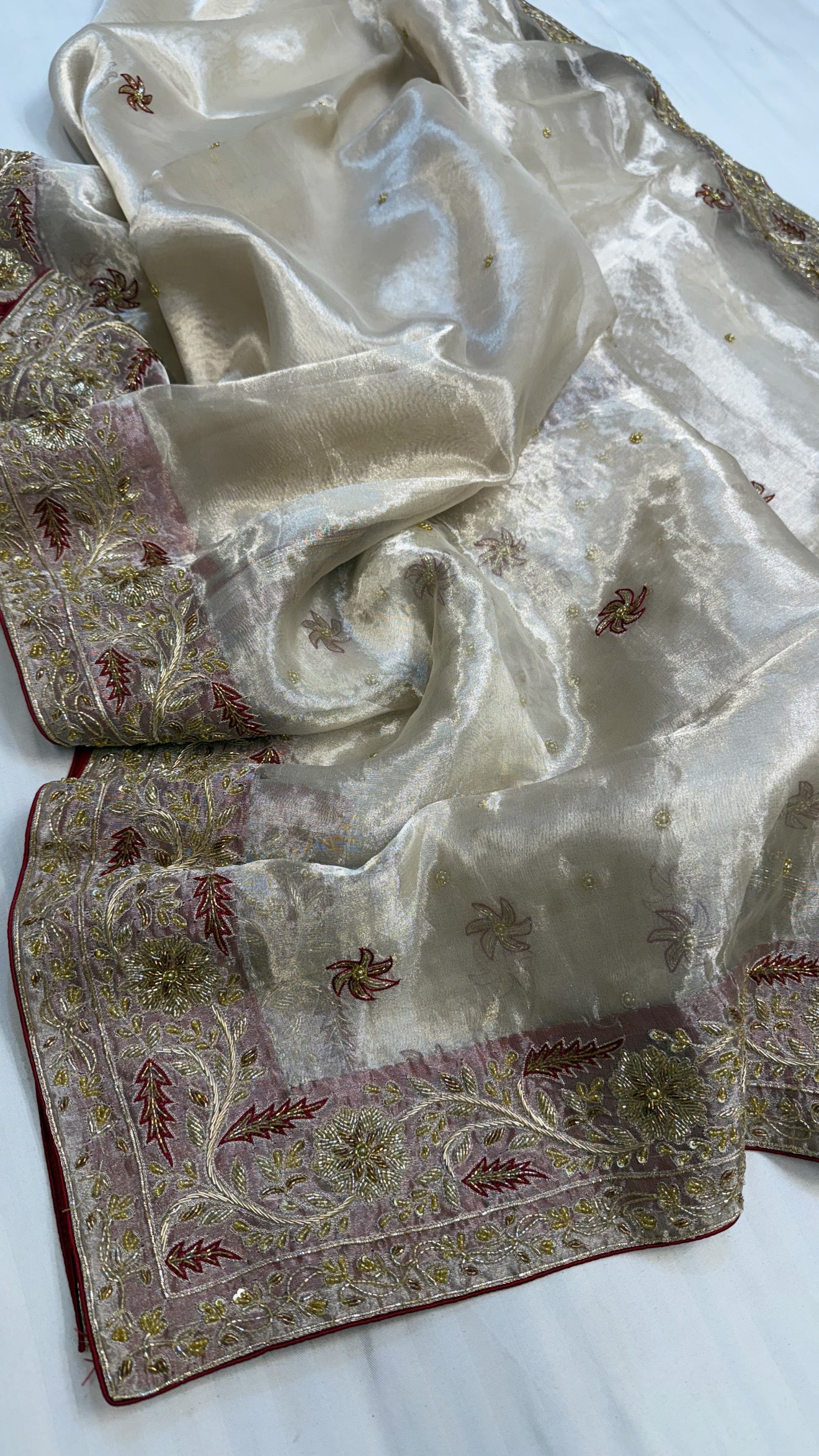 Gulab ki pankhuri husn tissue silk heavy zardozi border hand embroidered saree