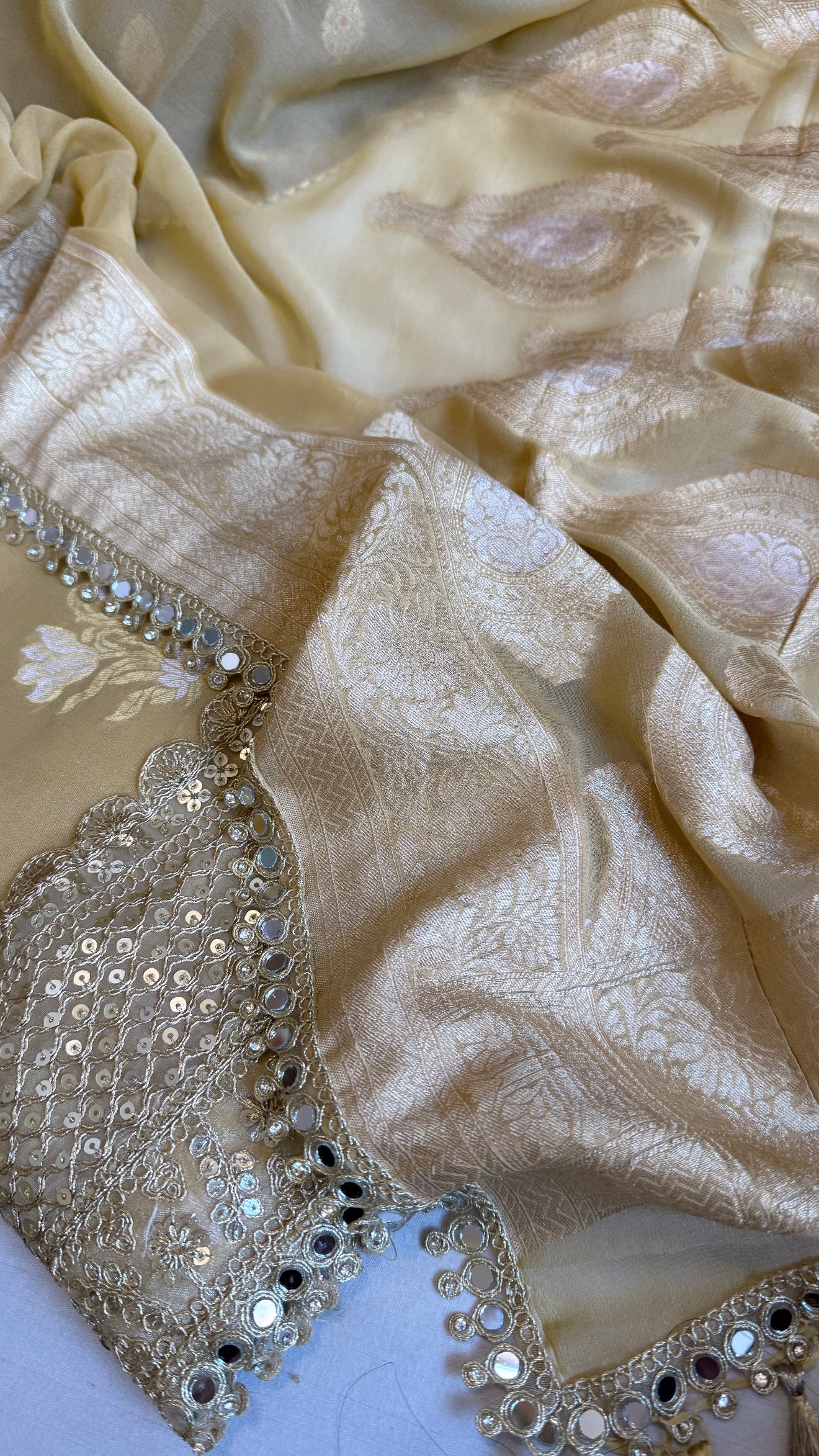 Banarasi dusty gold gorgette mirror work gotapatti suit set