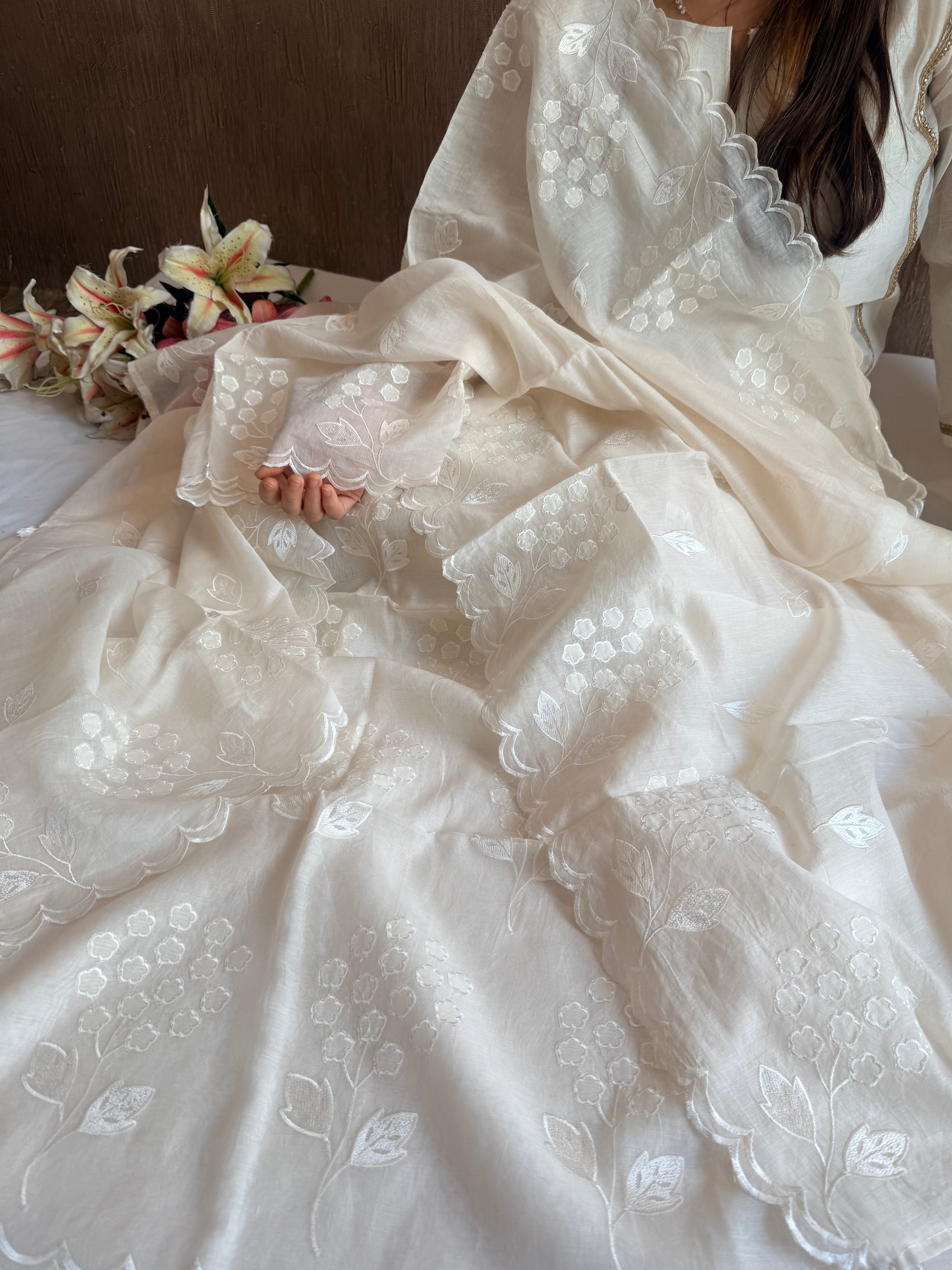 Alia bhatt inspired banarasi mulmul appliqué work suit set