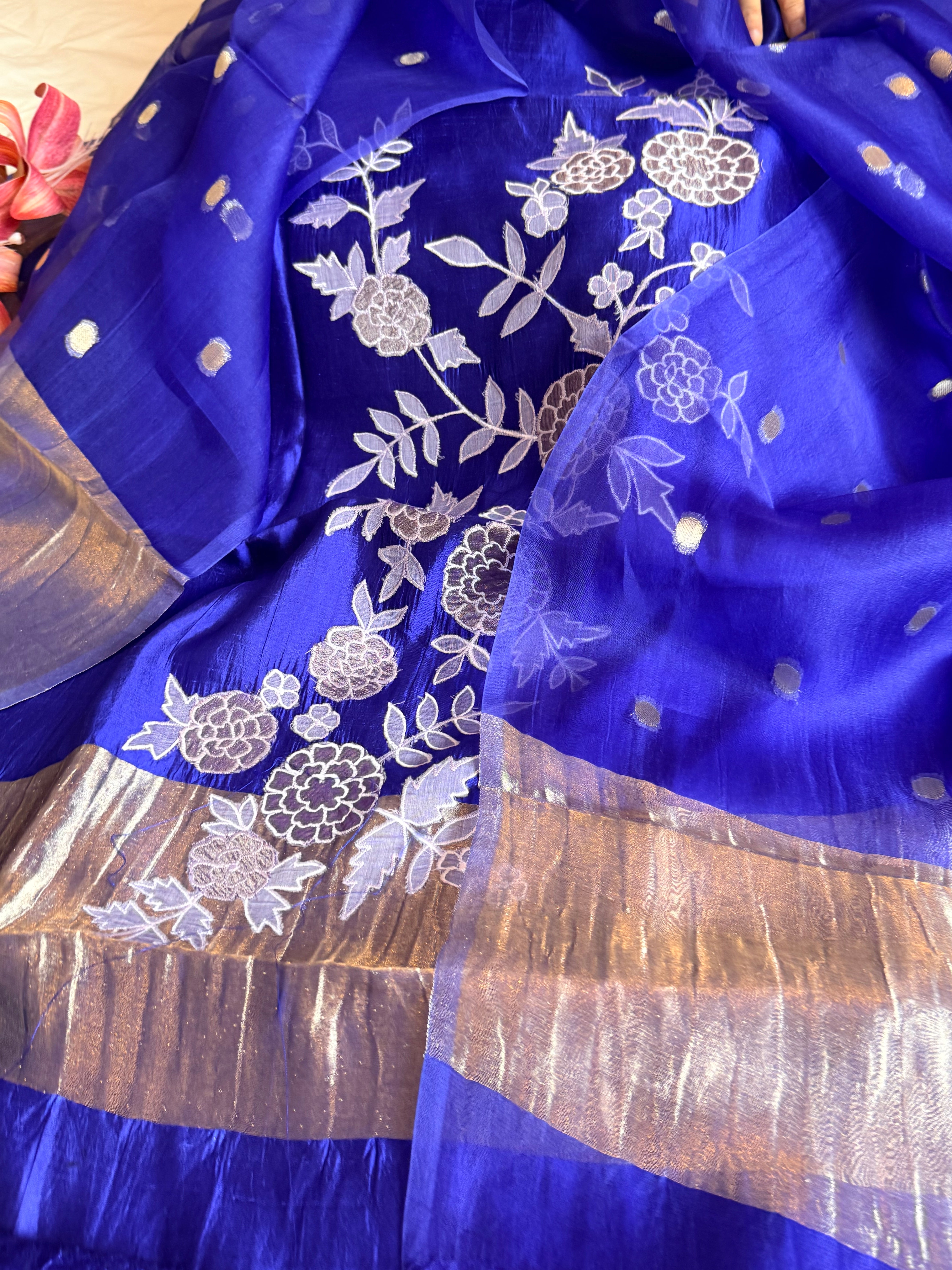 Mango tissue silk appliqué work suit set with kora tissue duppata