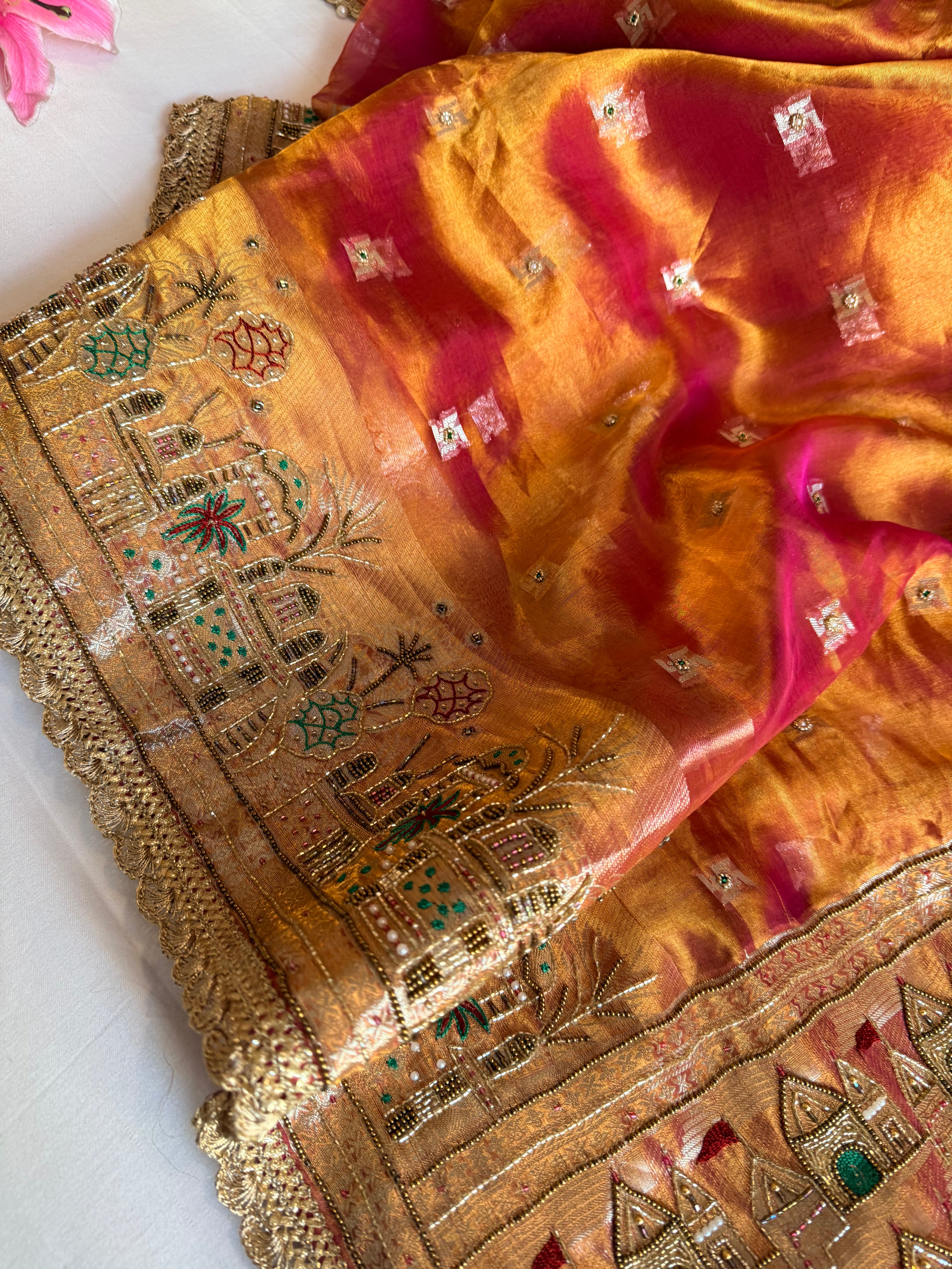 Ganga-darshan edit - Tissue silk kanjivaram pink hand embroidered kadhwa saree