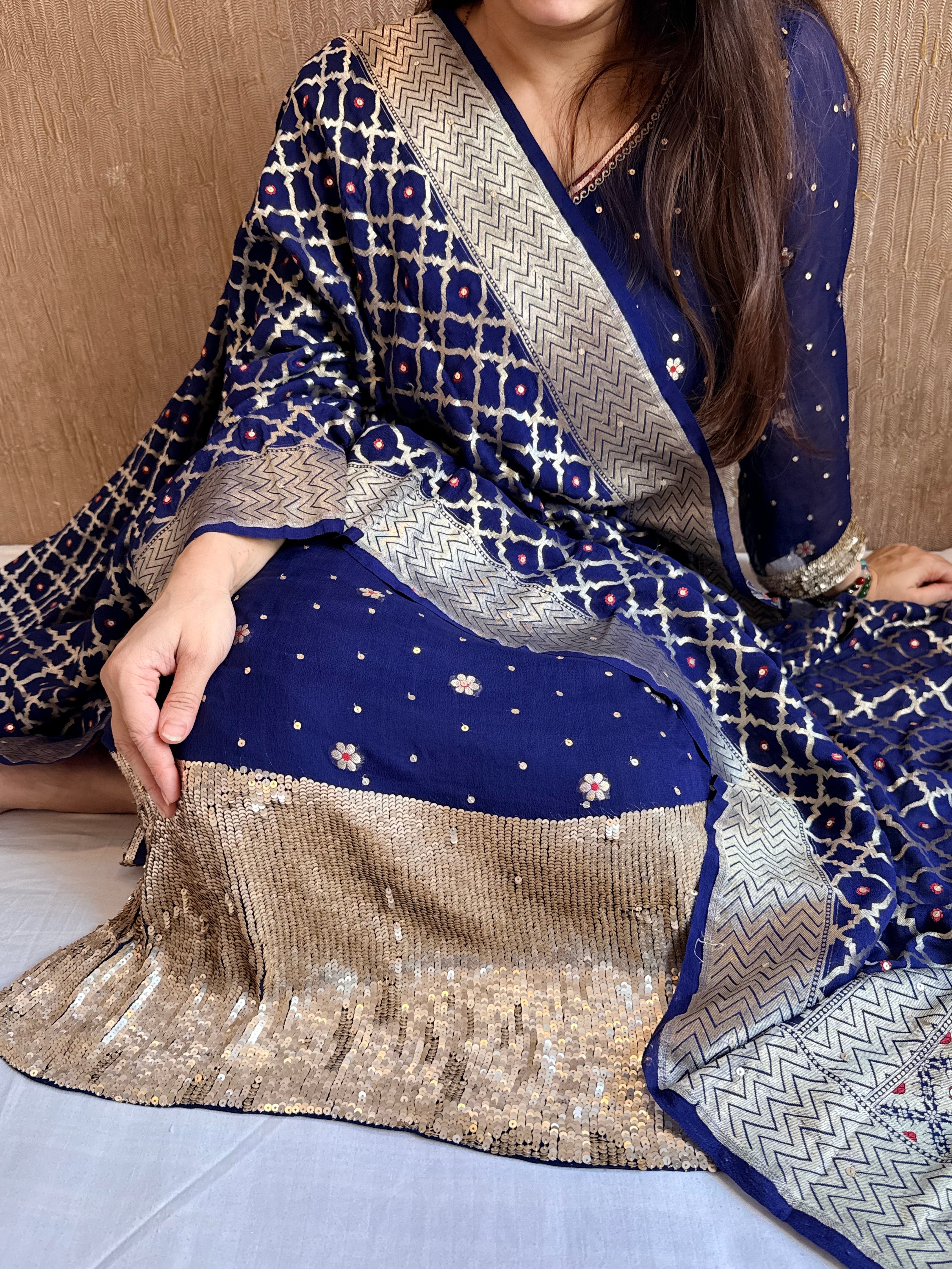 Navy blue salma sitara chiffon gorgette hand embroidered suit set ( STITCHED SIZE - M to L)