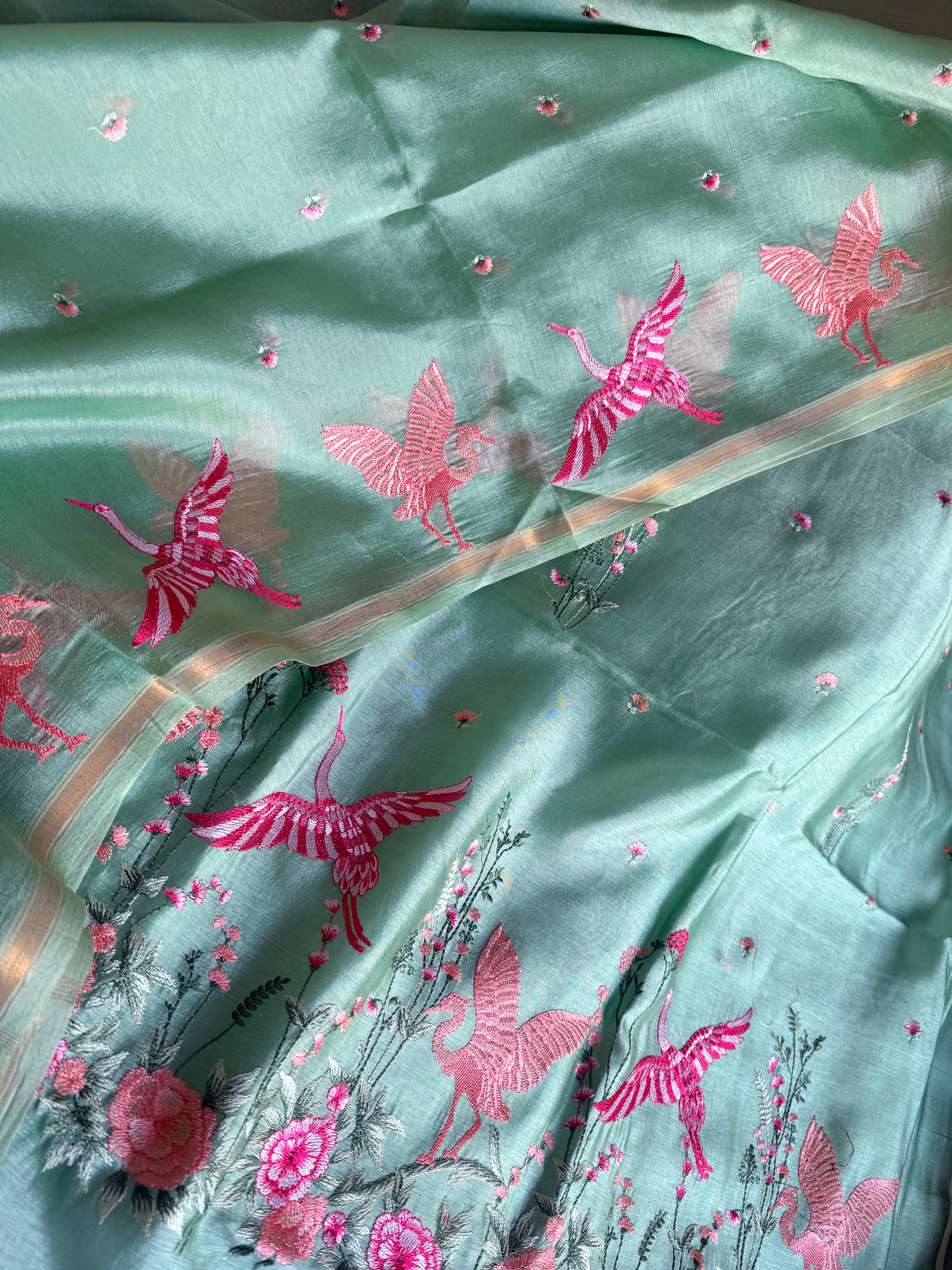 Suits under 10k - Spun chiniya silk parsi gara hand embroidered suit set