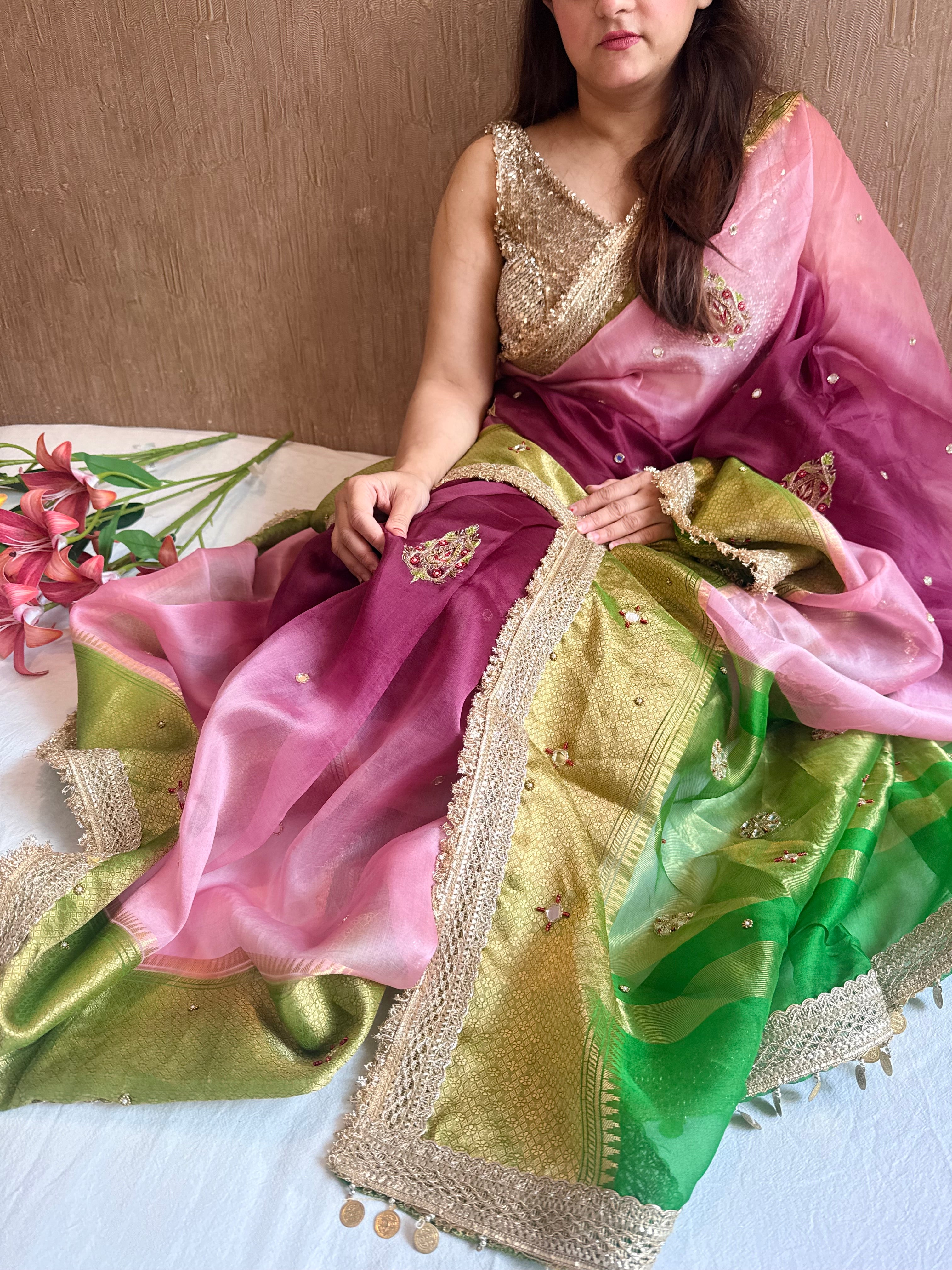 Husn ganga jamuna contrast border kora silk hand embroidered saree