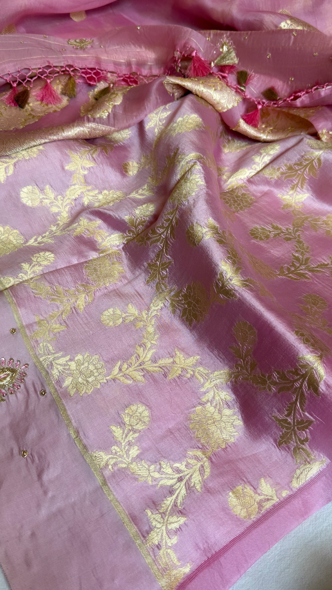 Blush pink banarasi kora silk kadhwa hand embroidered