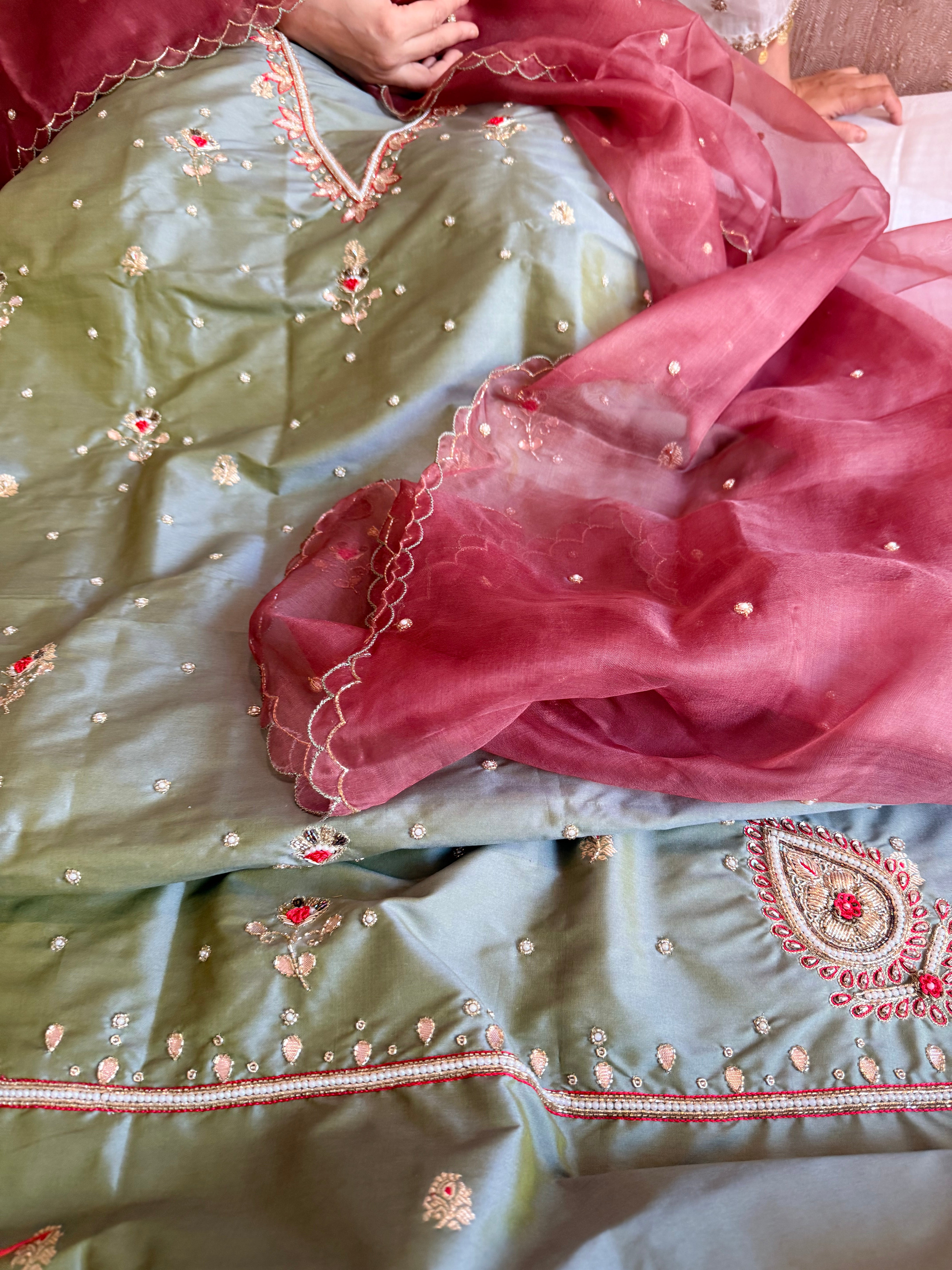 Katan silk hand embroidered banarasi kurta paired with kora silk duppata