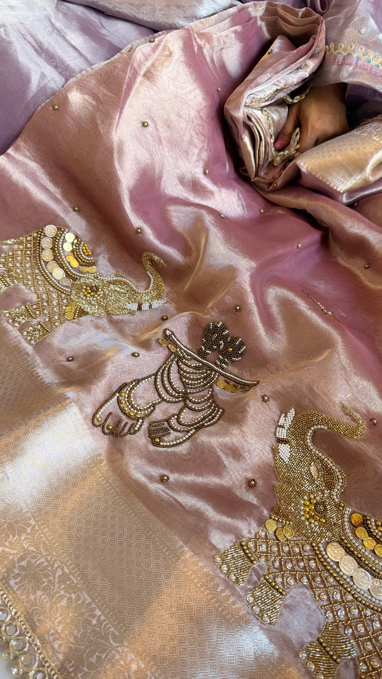 Gulabi jadau edit - Soft pink tissue silk jadau work hand embroidered saree