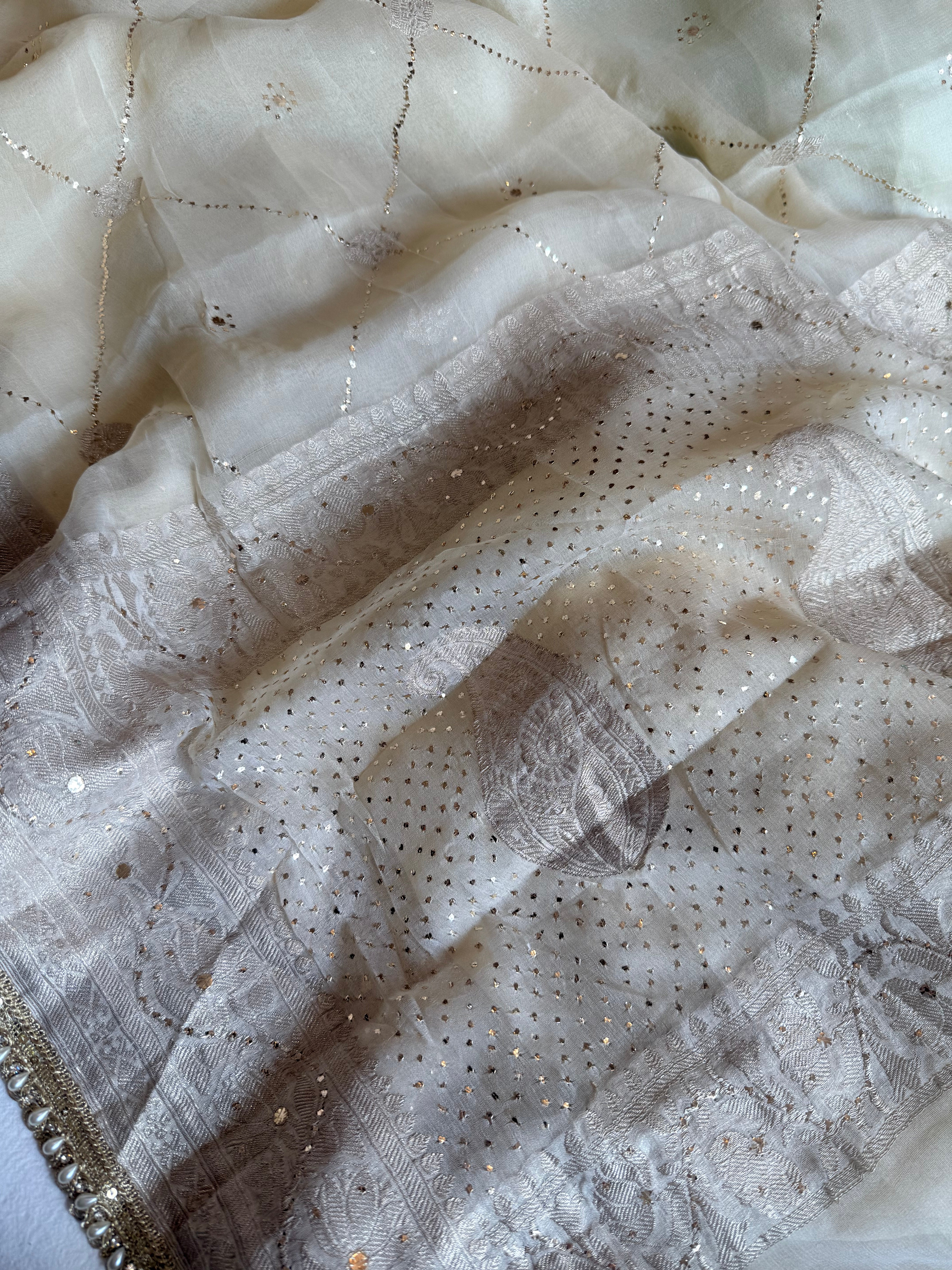 Chiffon gorgette banarasi champagne gold mukaish work hand embroidered saree