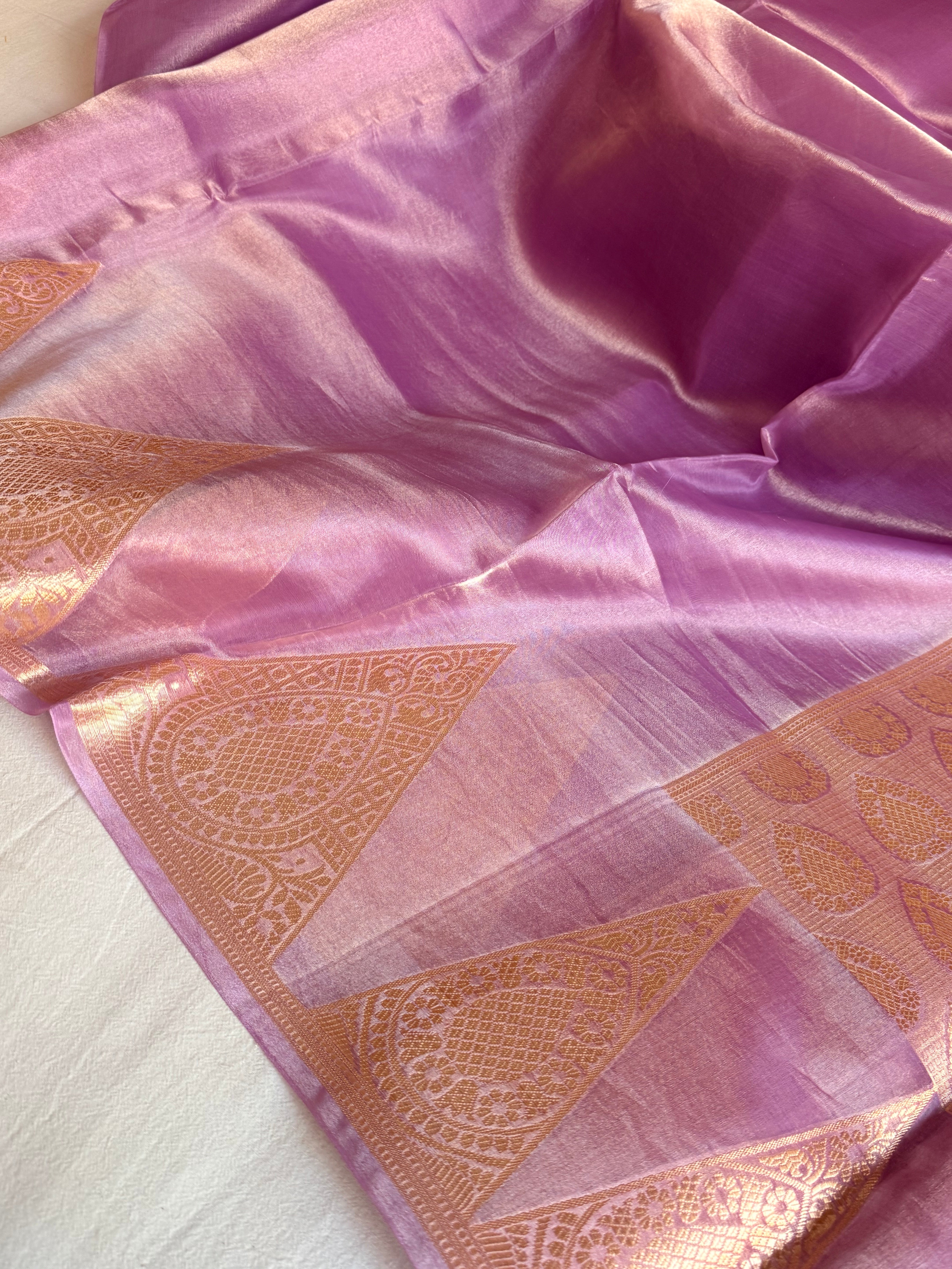 Below 10k - Temple border tissue silk dhup chao effect kadhwa saree
