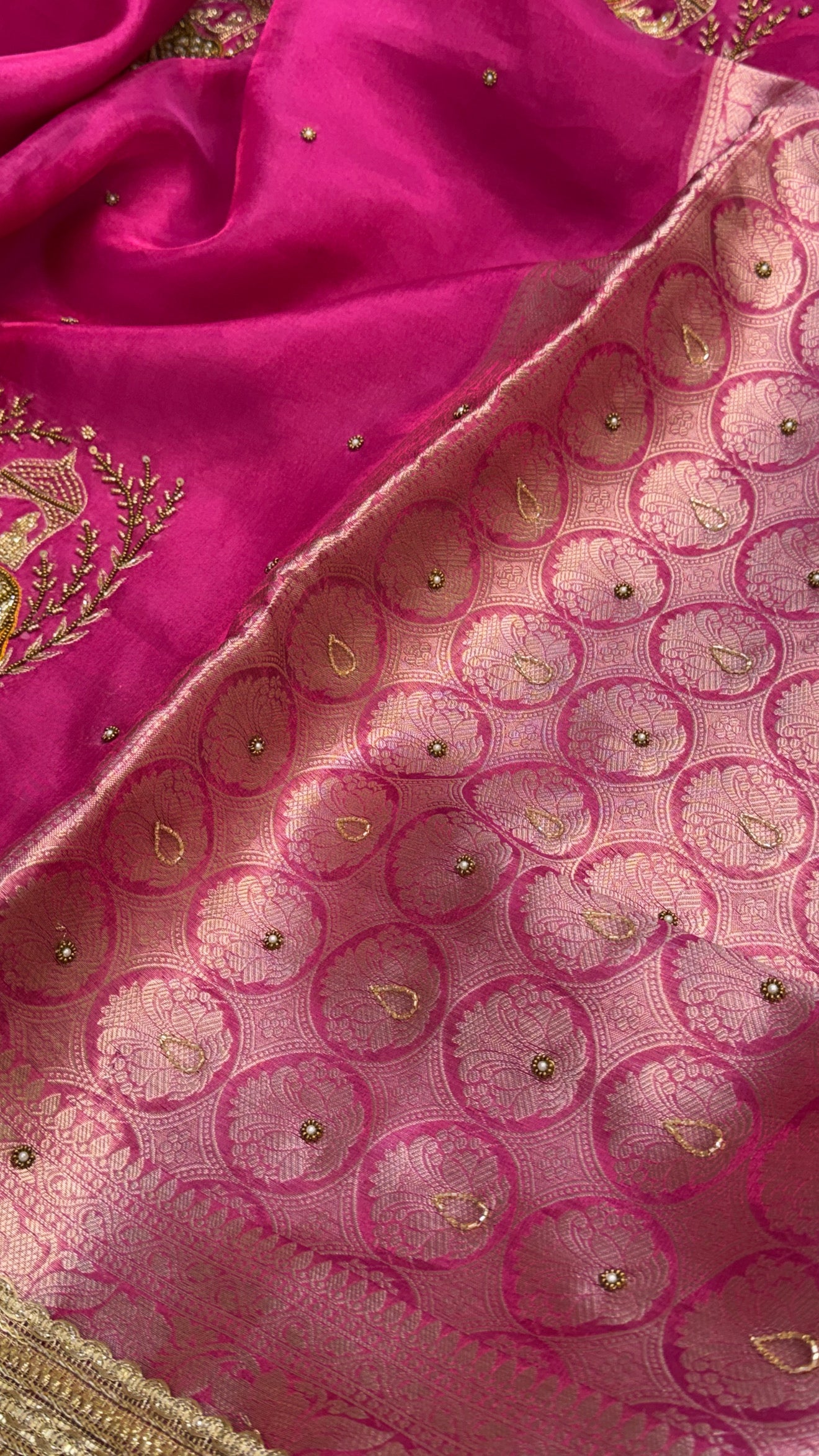 Karwachauth special - Hot pink tissue silk elephant motif hand embroidered kadhwa saree