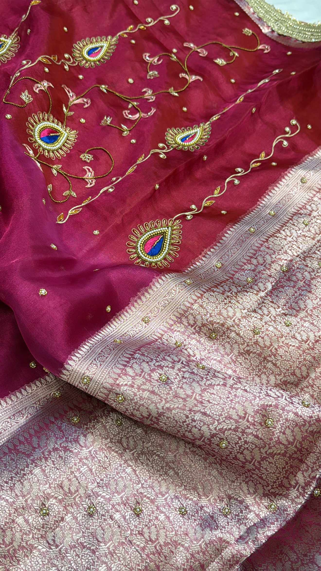 Magenta pink ombre shaded zardozi work husn tissue silk hand embroidered saree
