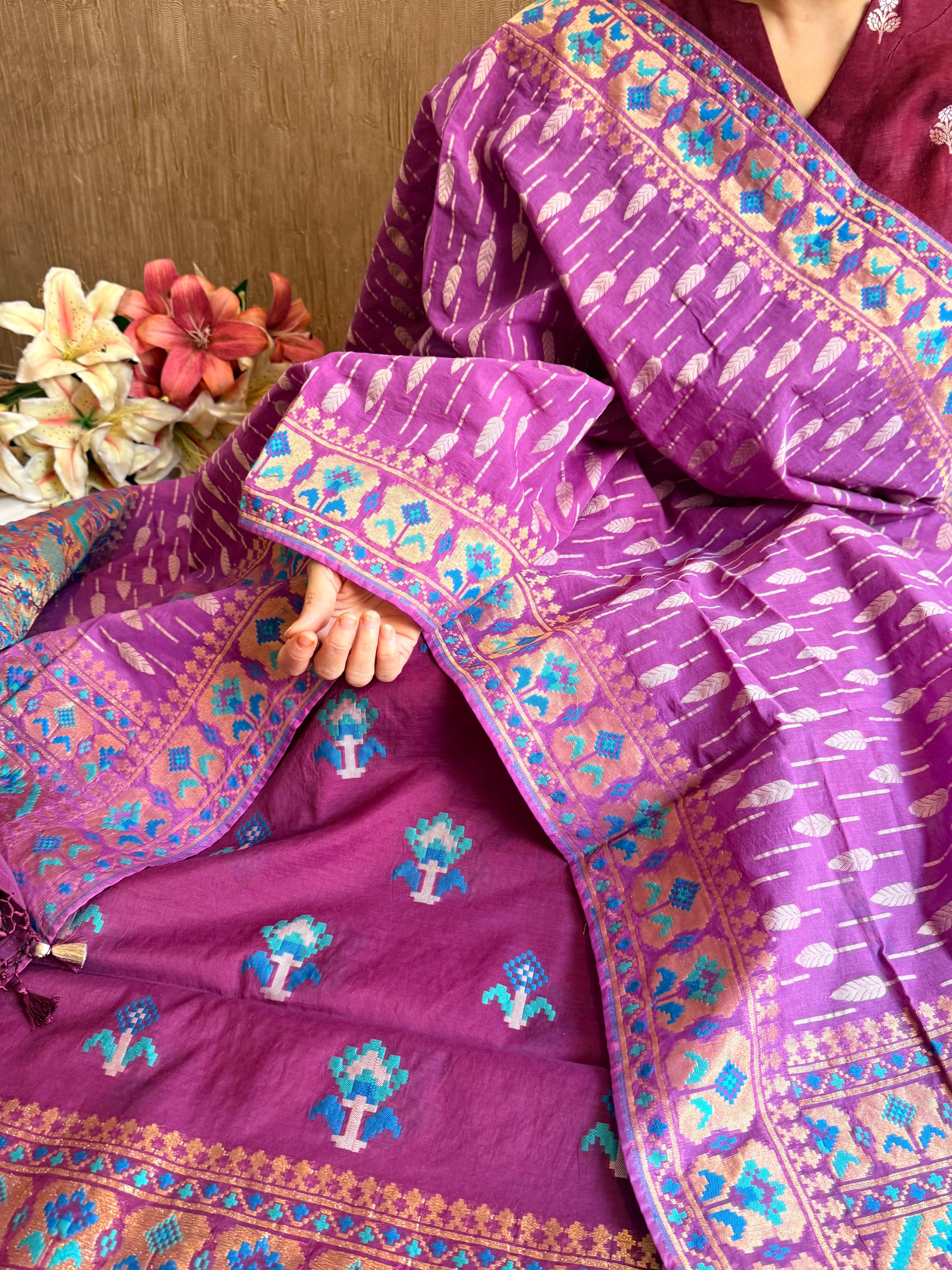 Mul cotton banarasi kadhwa buti plum purple suit set