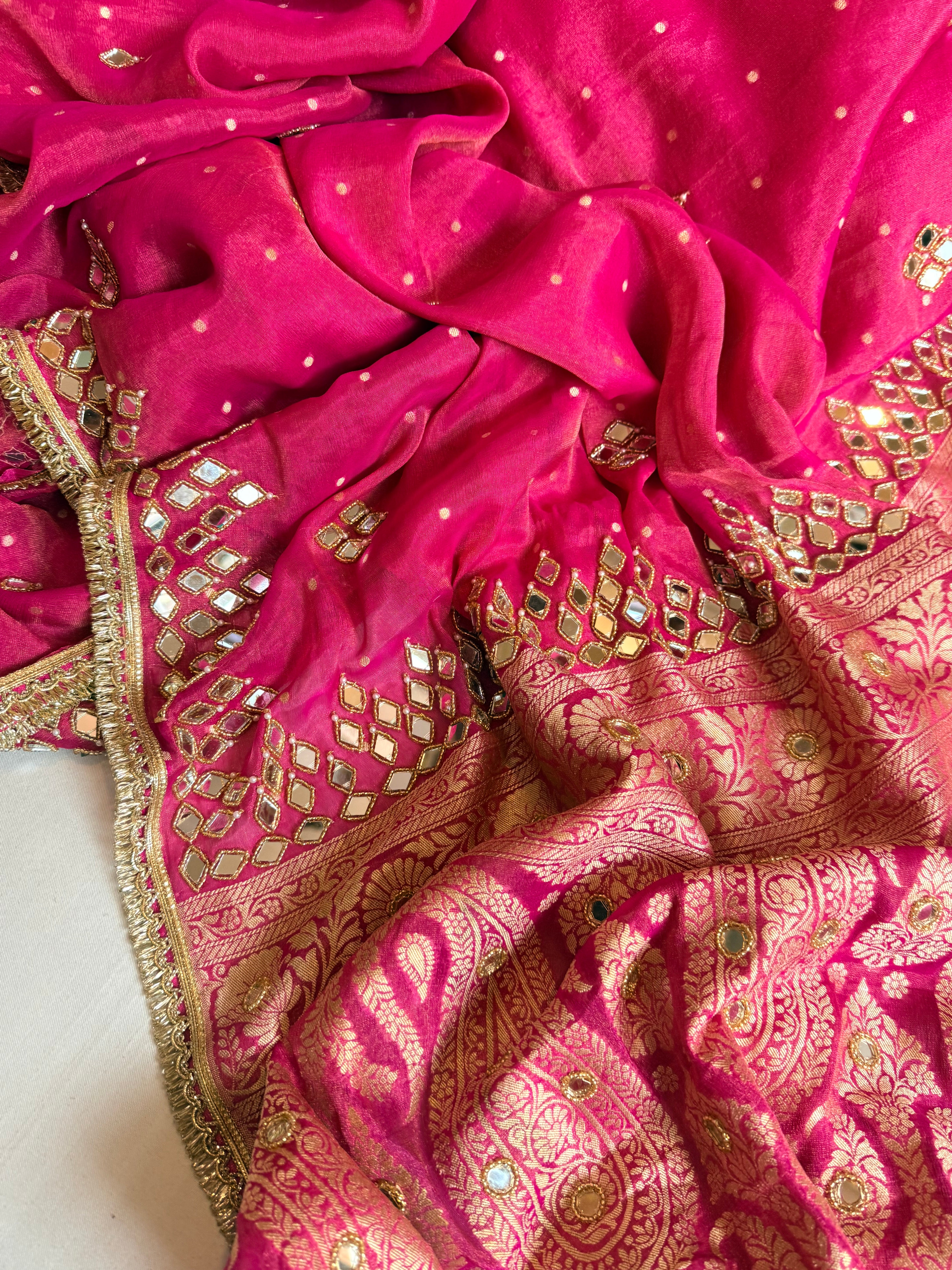 Hot pink tissue gorgette mirror work hand embroidered saree