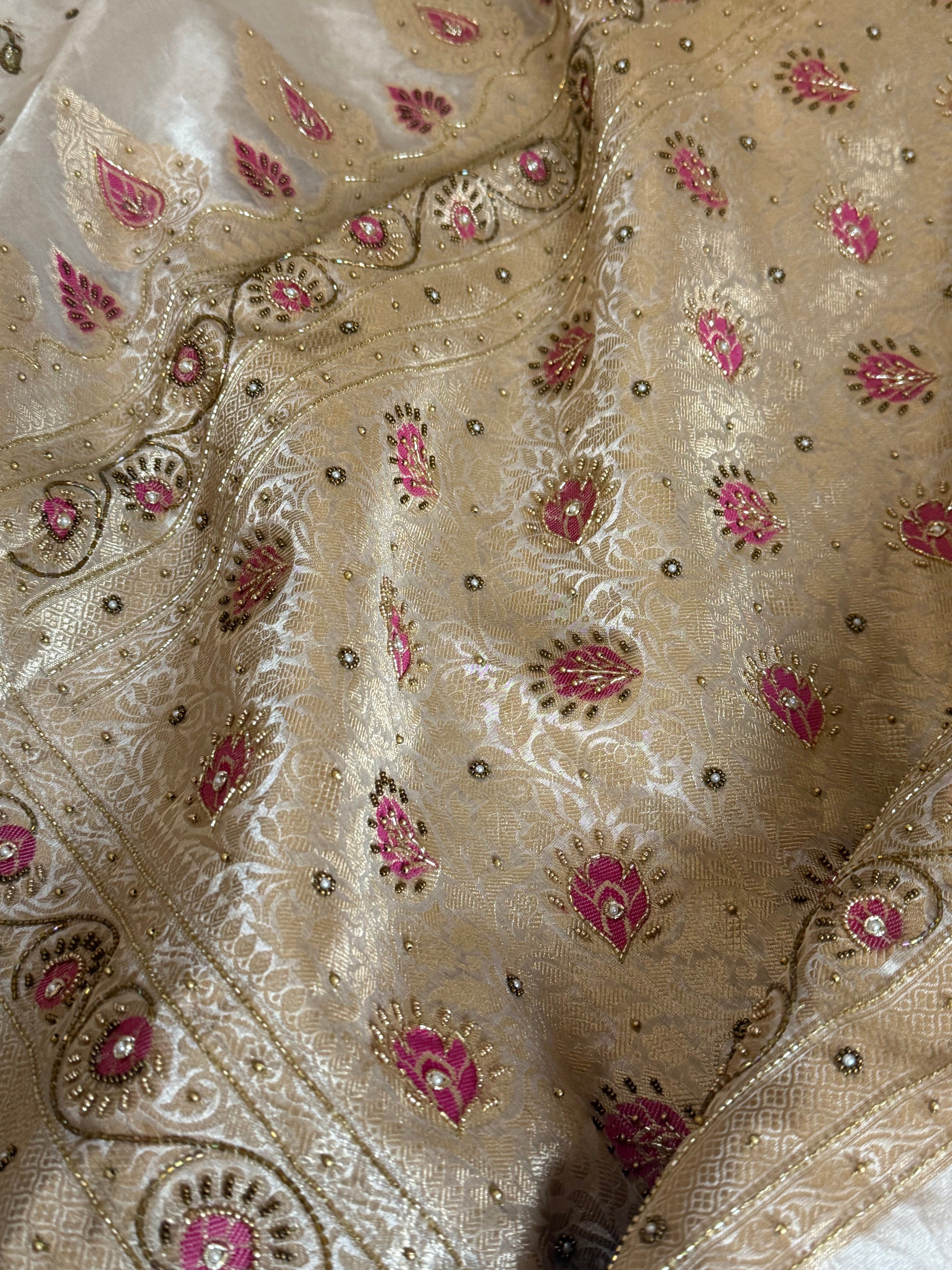 Moonlight silver diamond tissue pink meenakari kadhwa hand embroidered saree