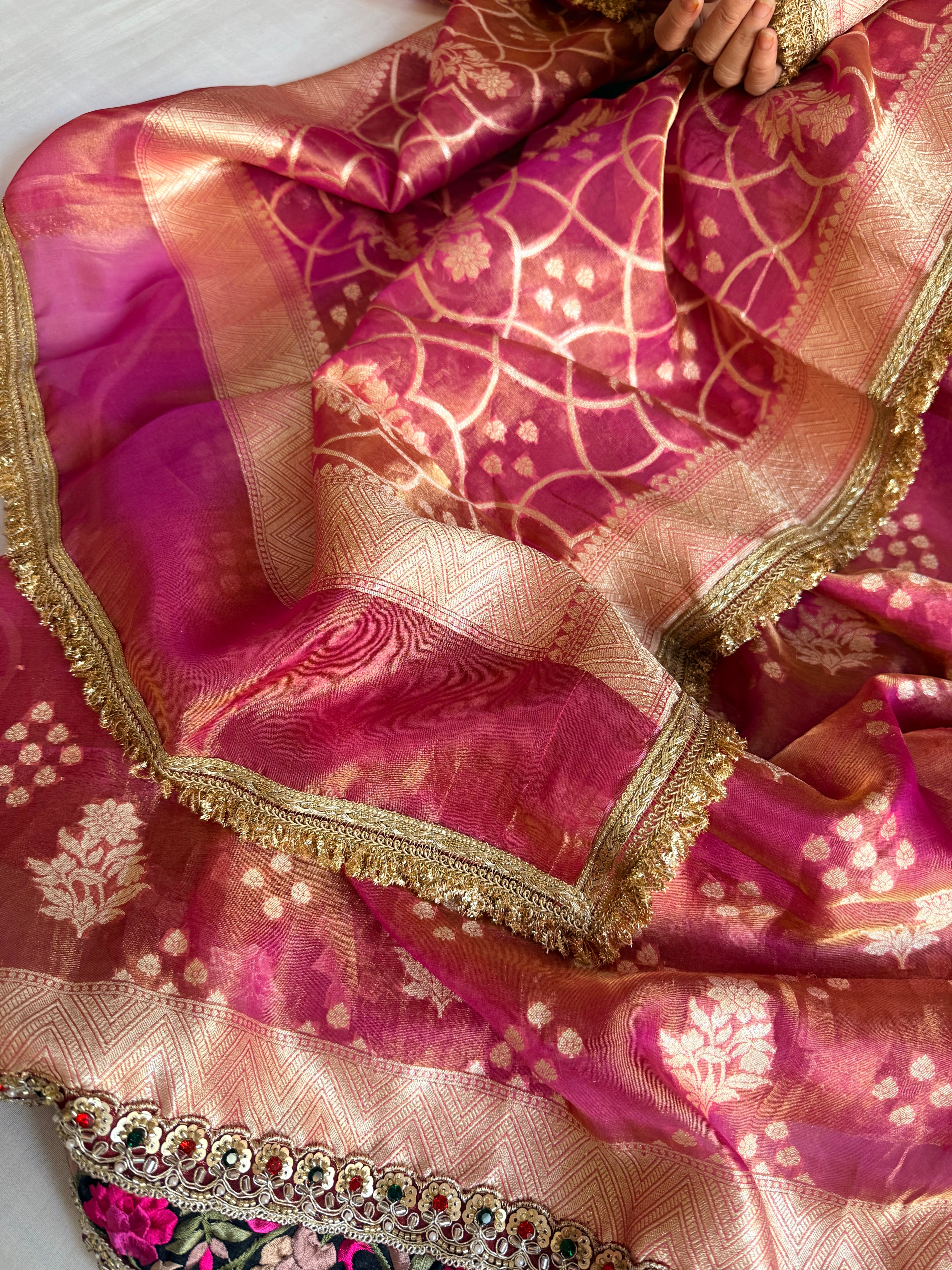 Navratna cherry pink tissue silk kadhwa buti hand embroidered suit sets