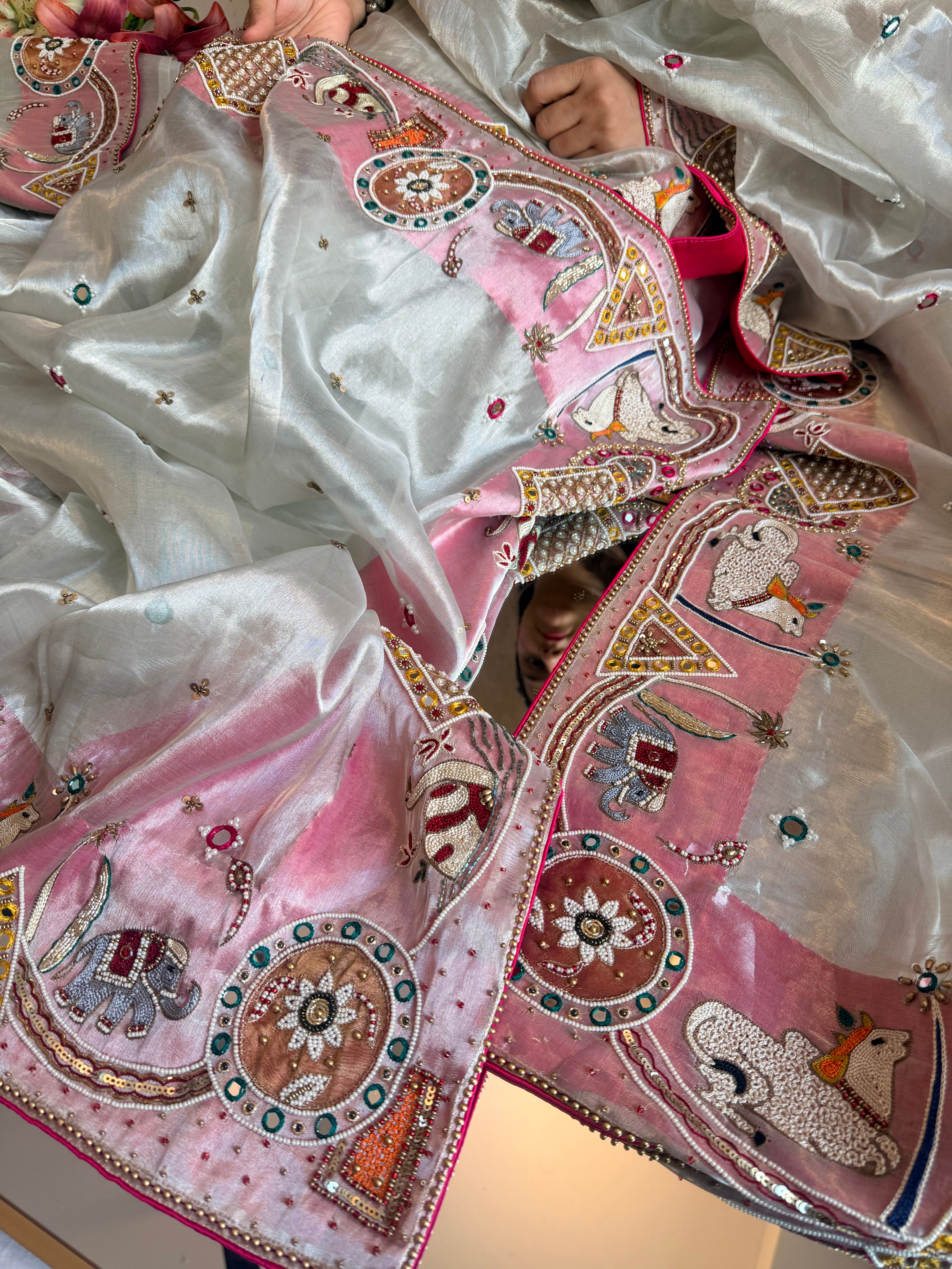 Sufi night saree - Diamond tissue silk kutchi meenakari work hand embroidered saree