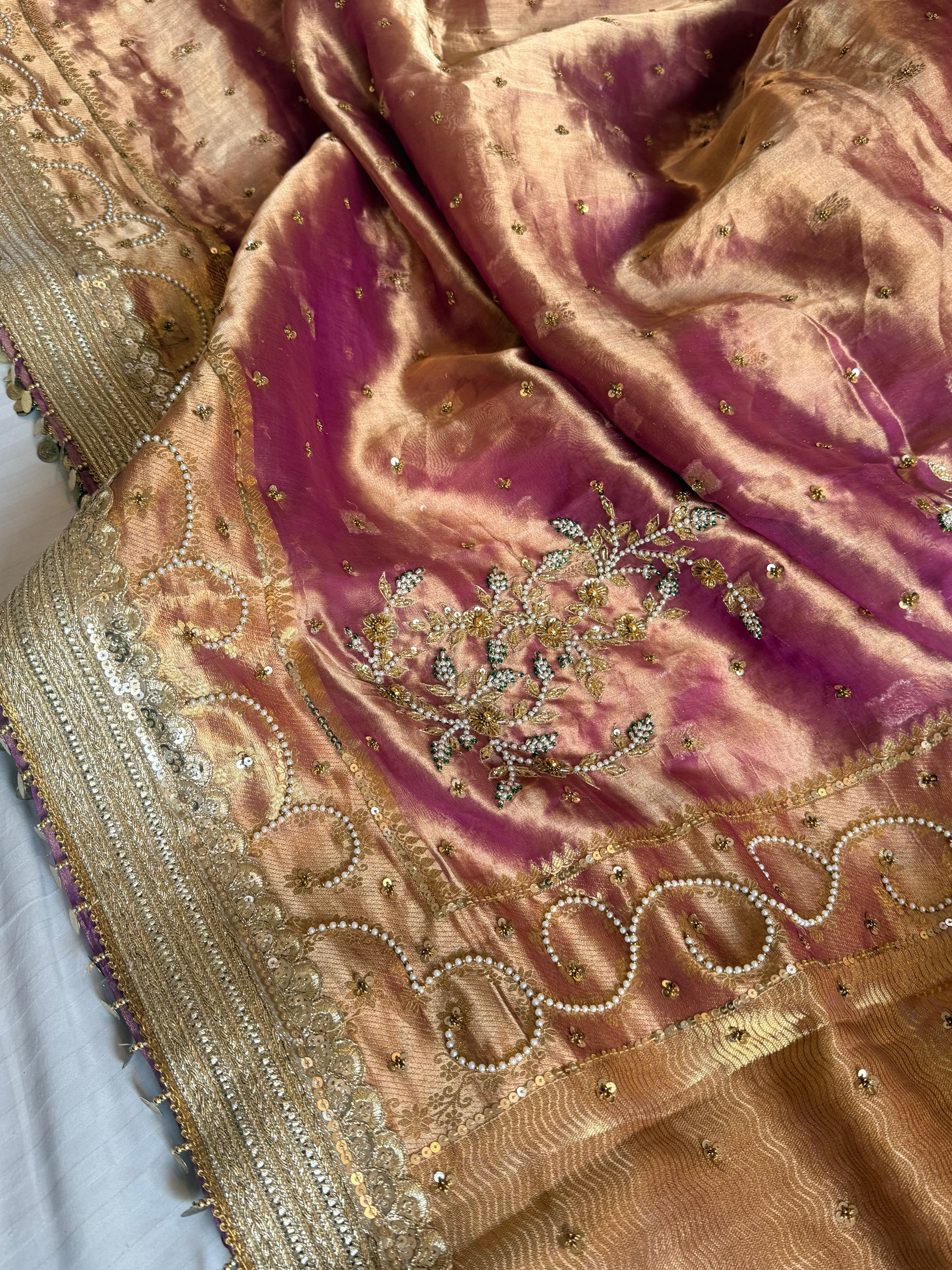 Salma-sitara molten lilac tissue silk antique work hand embroidered saree
