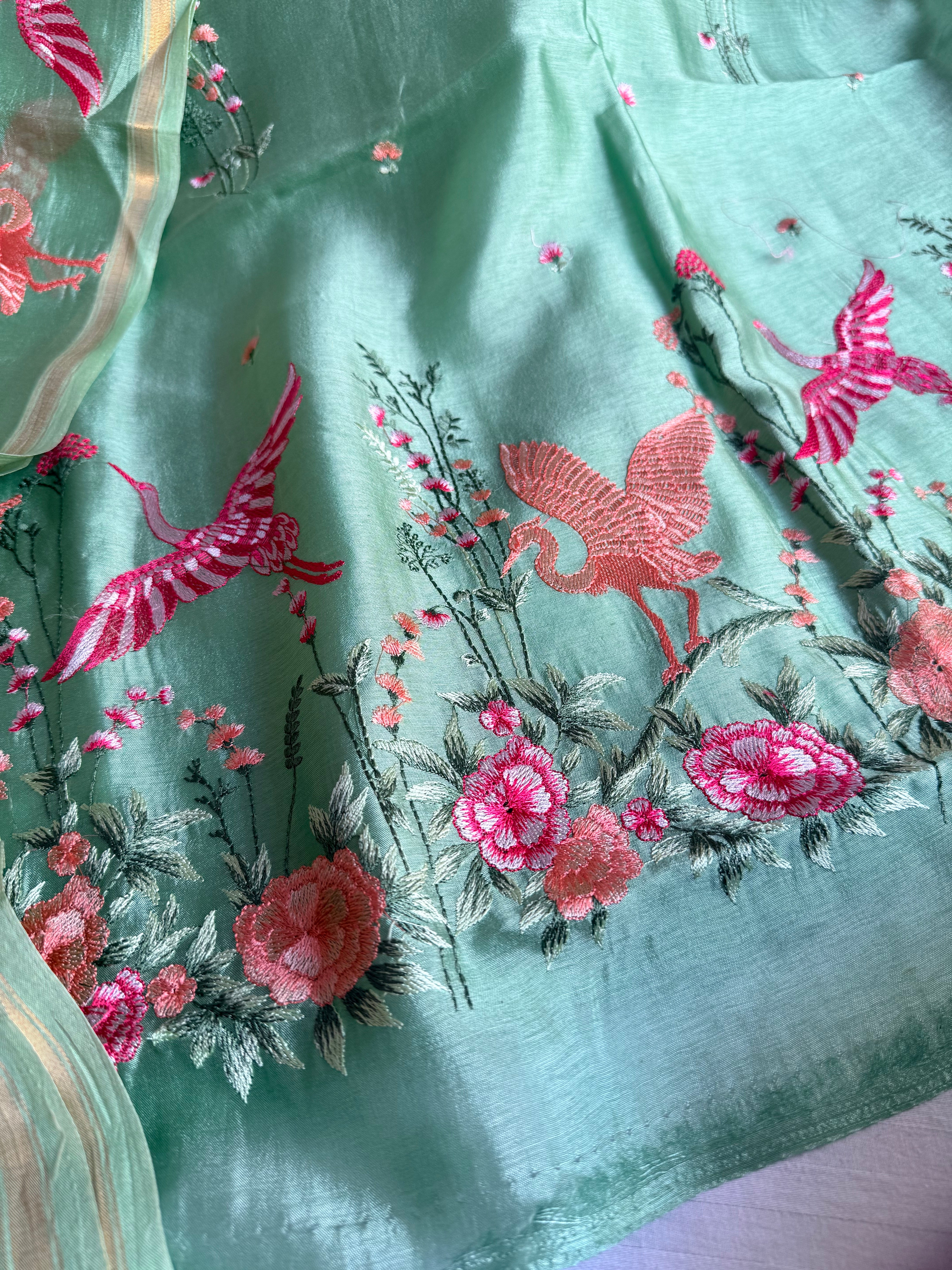 Suits under 10k - Spun chiniya silk parsi gara hand embroidered suit set