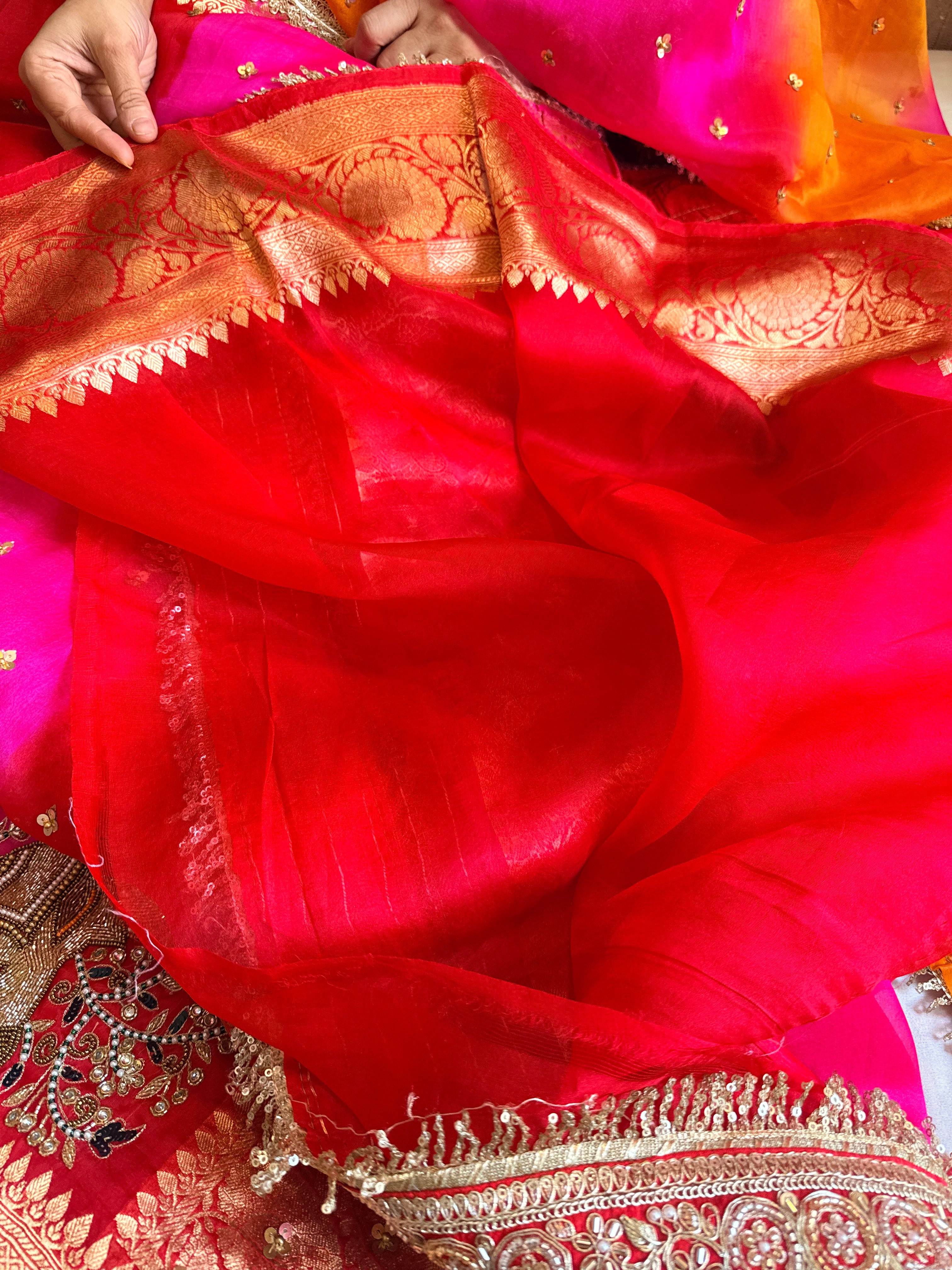 Red-Rani ombre shaded kora silk chunri buti hand embroidered saree