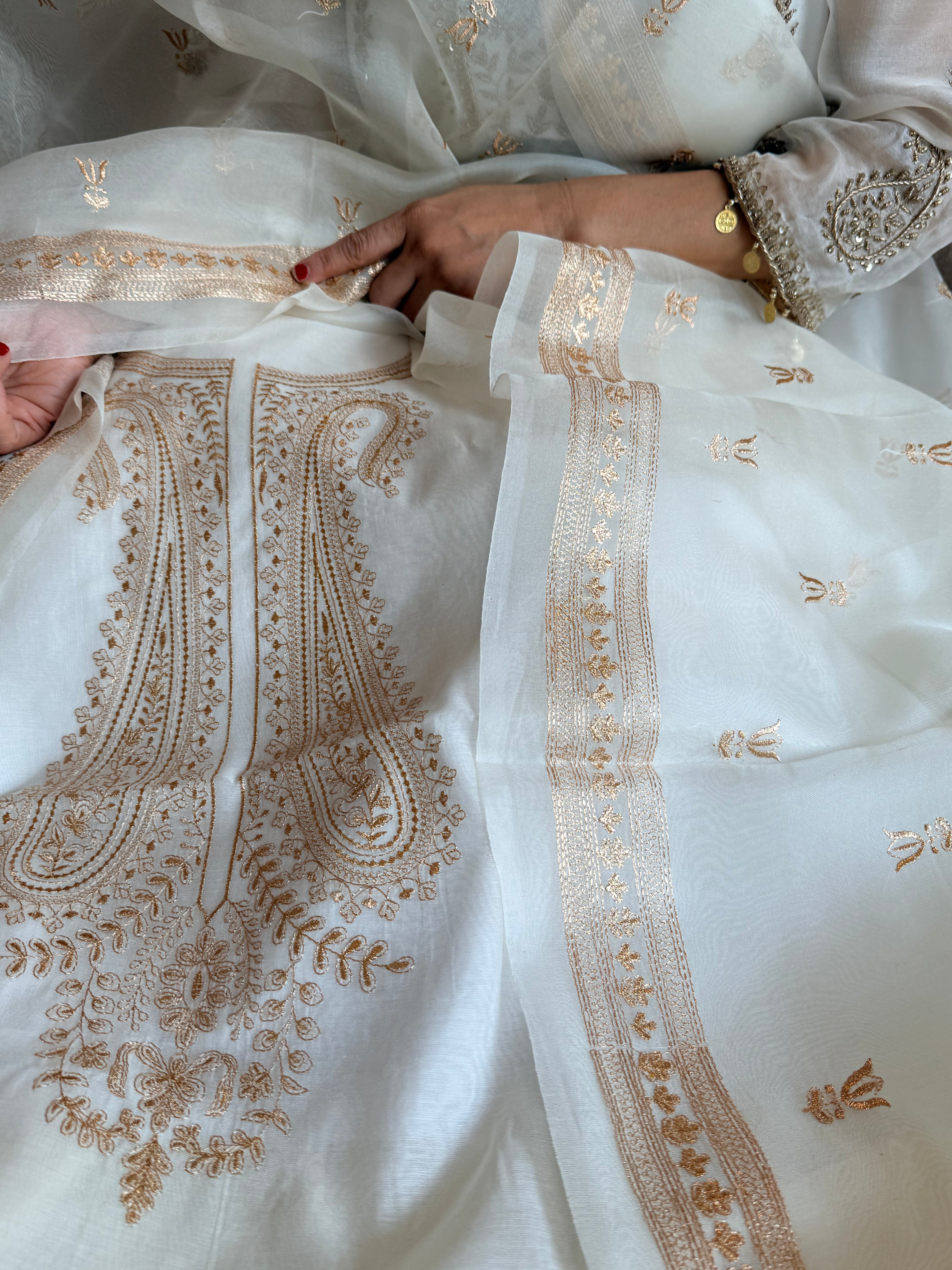 Mul cotton aariwork hand embroidered banarasi suit set