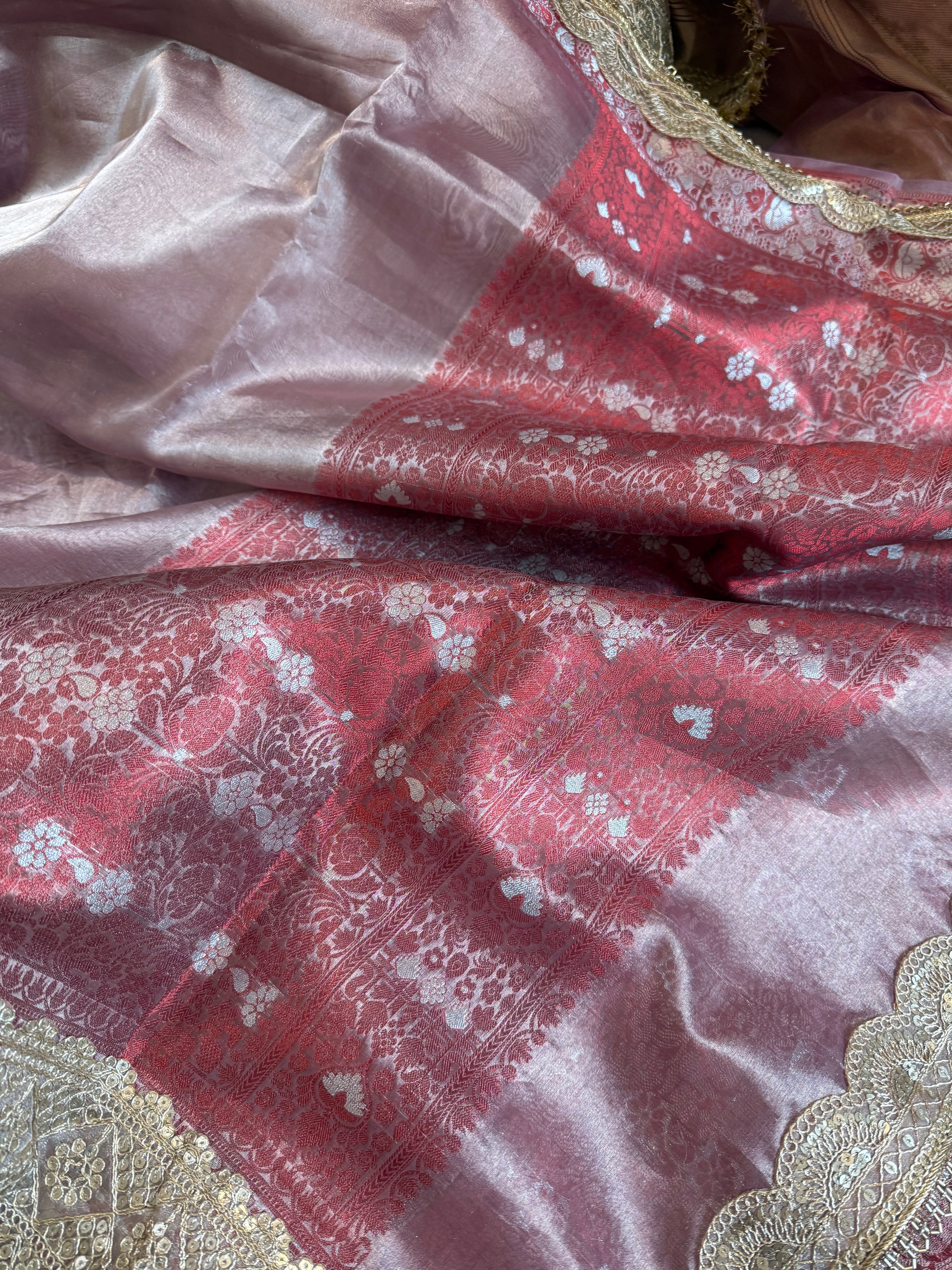 Maharani blush pink tissue silk meenakari kadhwa saree