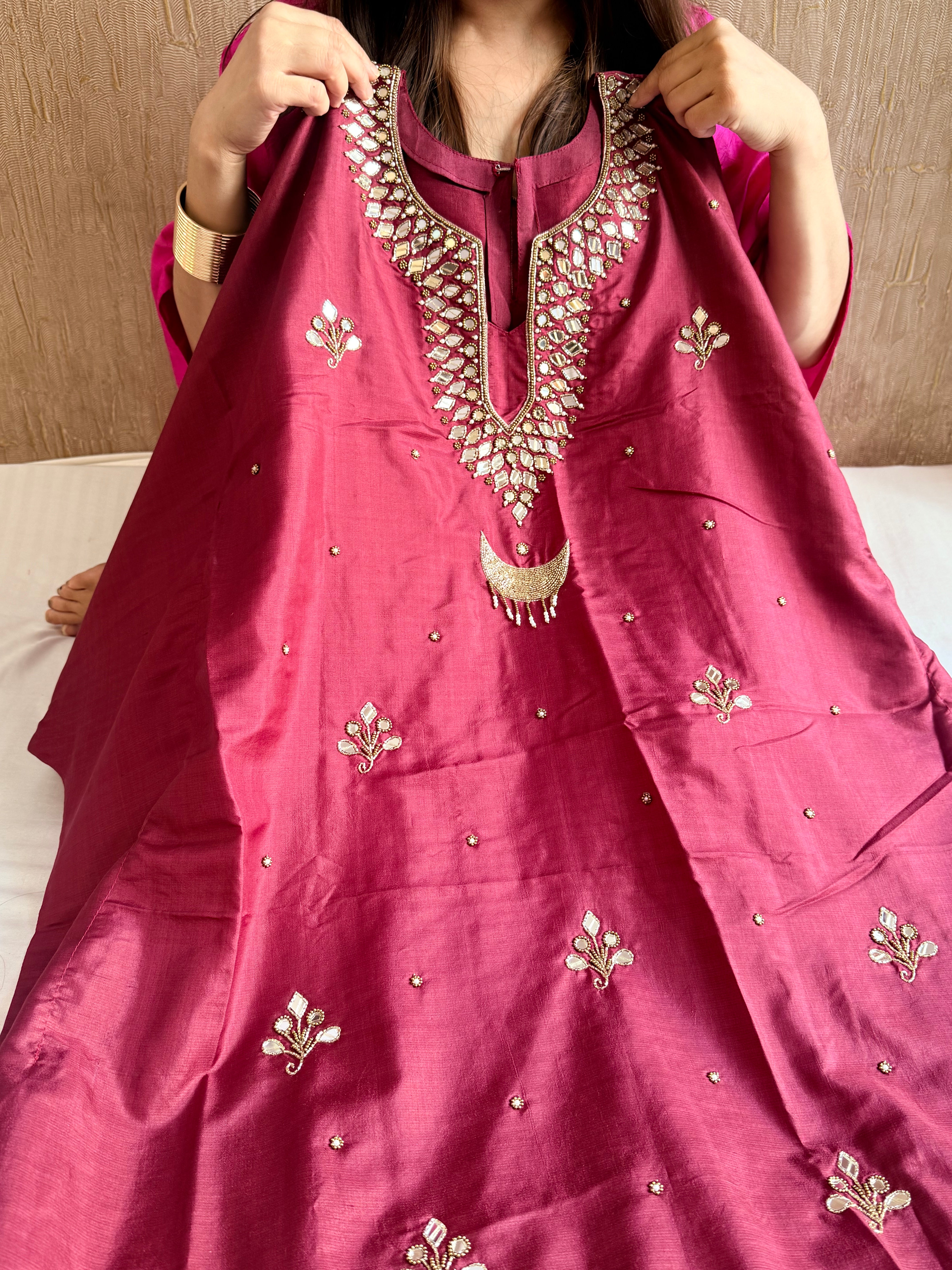 Mashru satin silk banarasi mirrorwork free size kaftan set with bottom