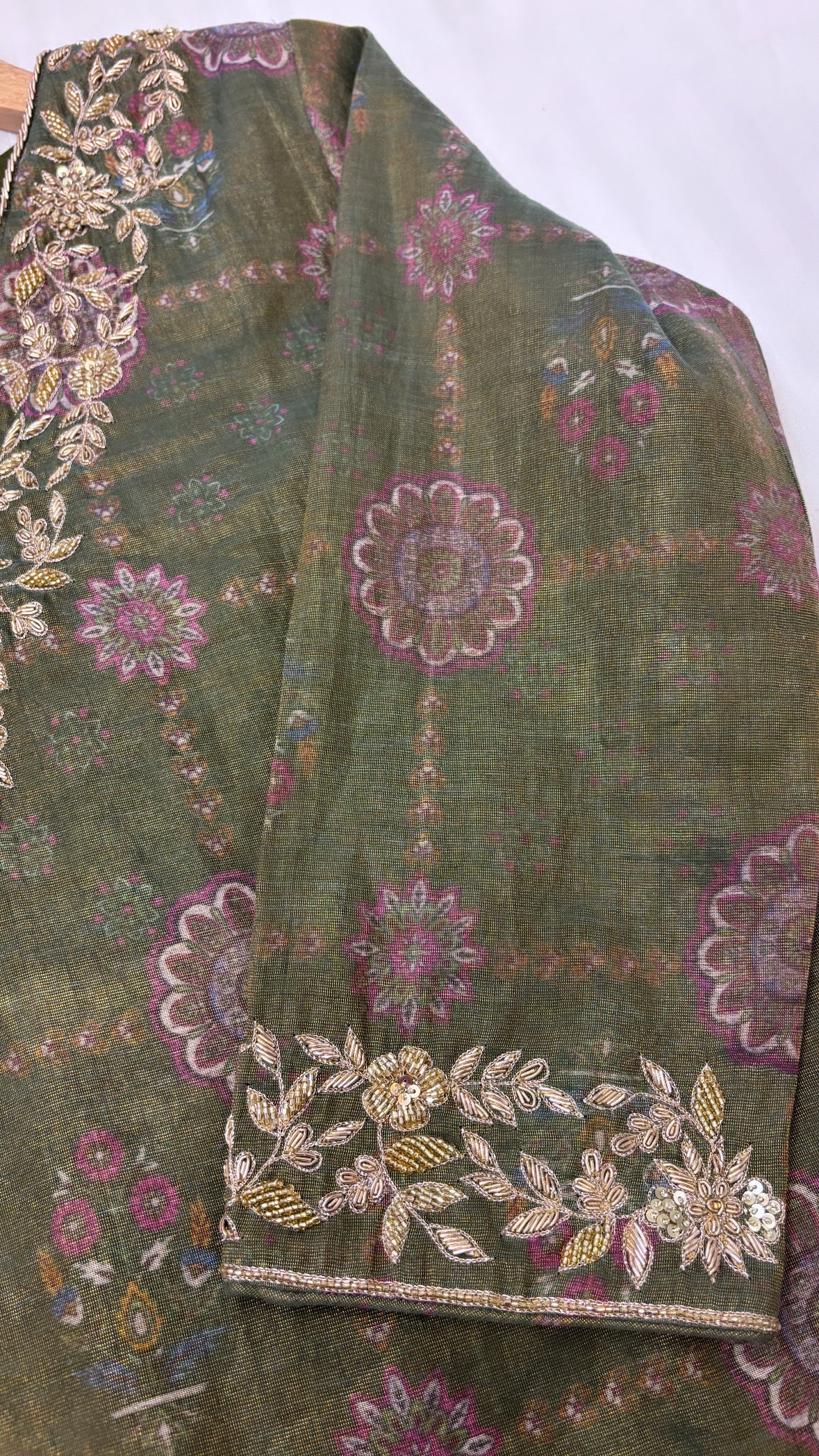 Pure banarasi cotton tissue handwoven and hand embroidered printed stitched kurti
