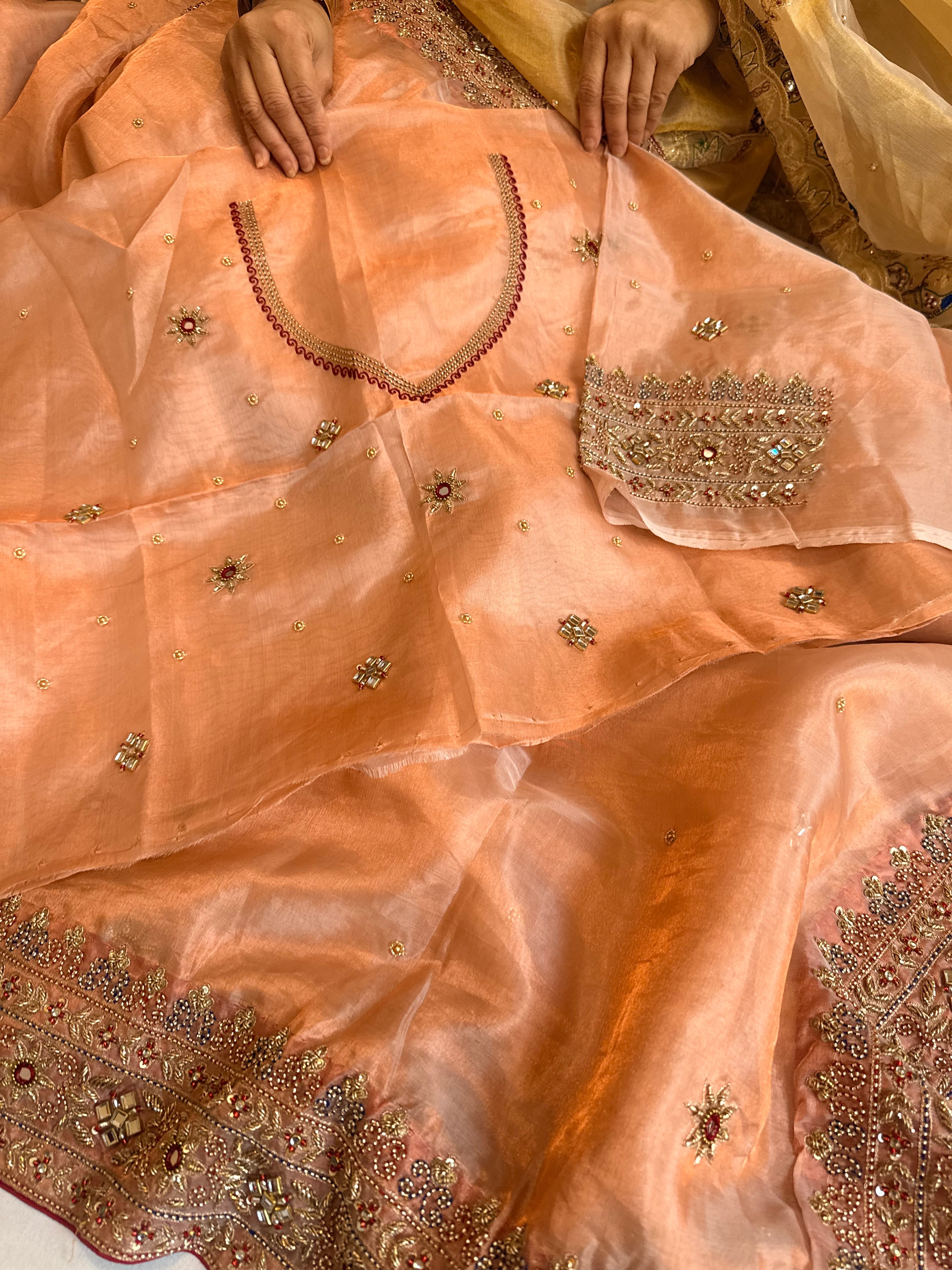 Zardozi & Jadauwork border tissue silk hand embroidered kadhwa copper saree