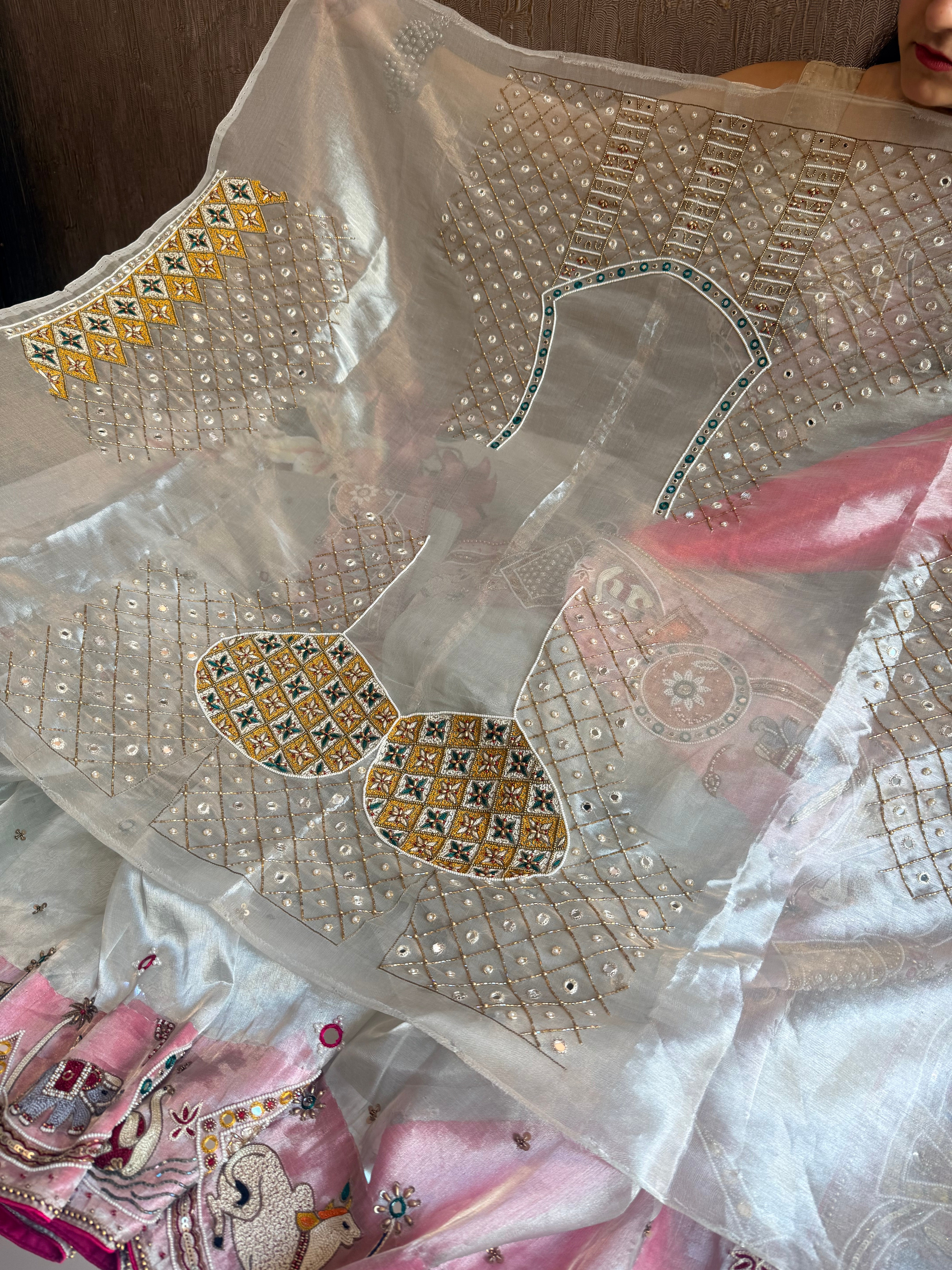 Sufi night saree - Diamond tissue silk kutchi meenakari work hand embroidered saree