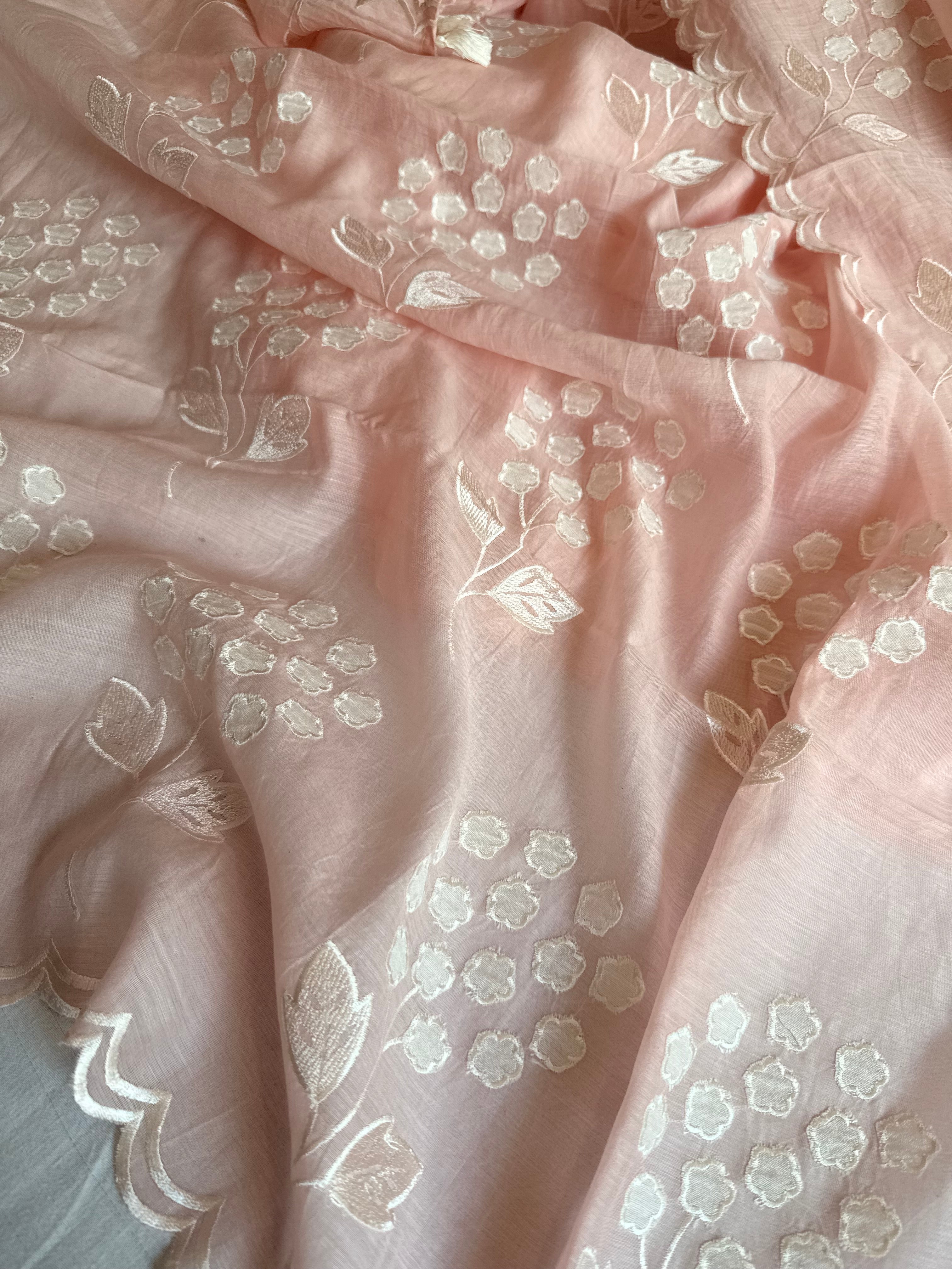 Alia bhatt inspired blush peachy pink mulmul appliqué work suit set