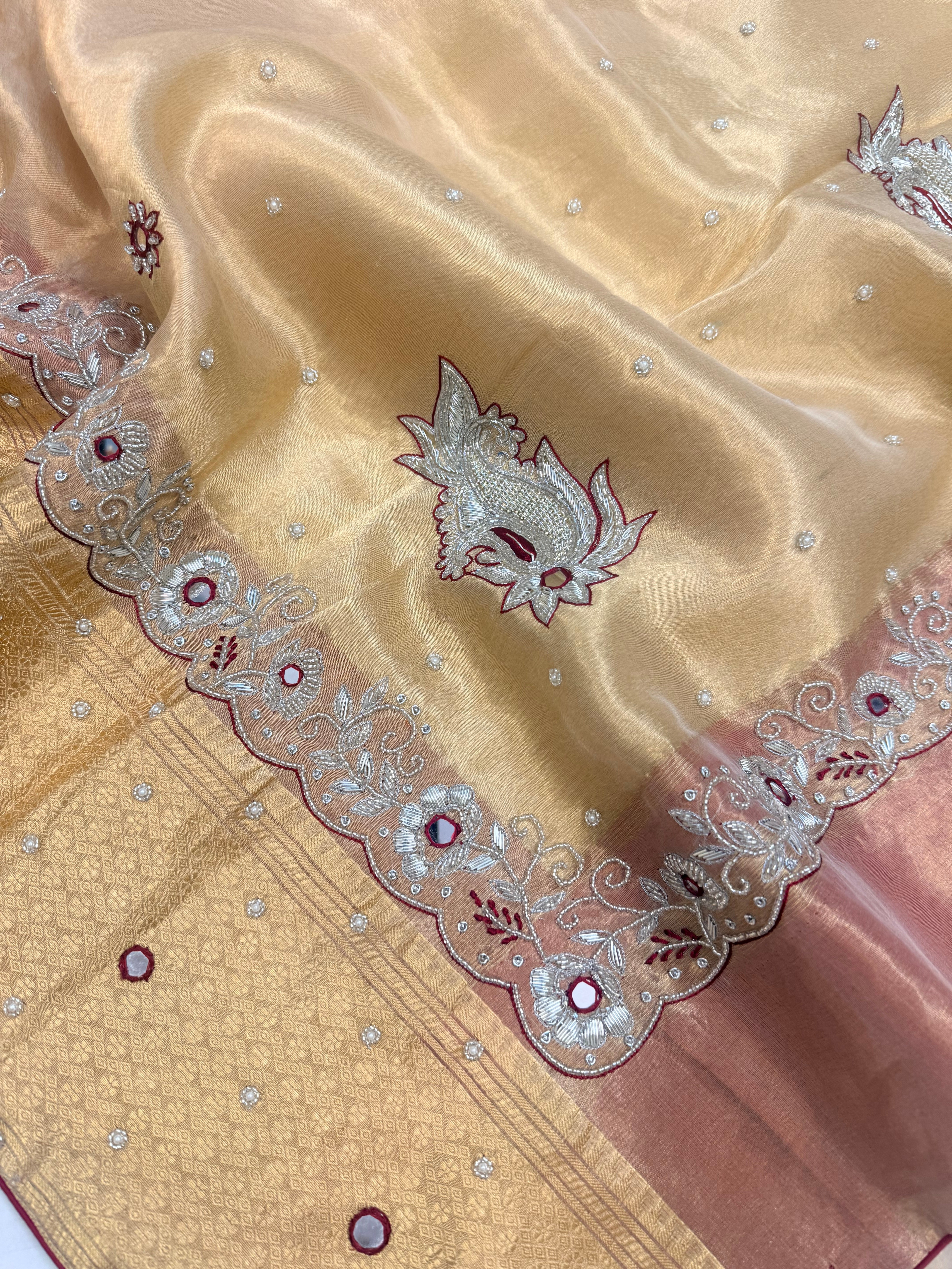 Soft gold husn tissue silk meenakari hand embroidered kadhwa saree