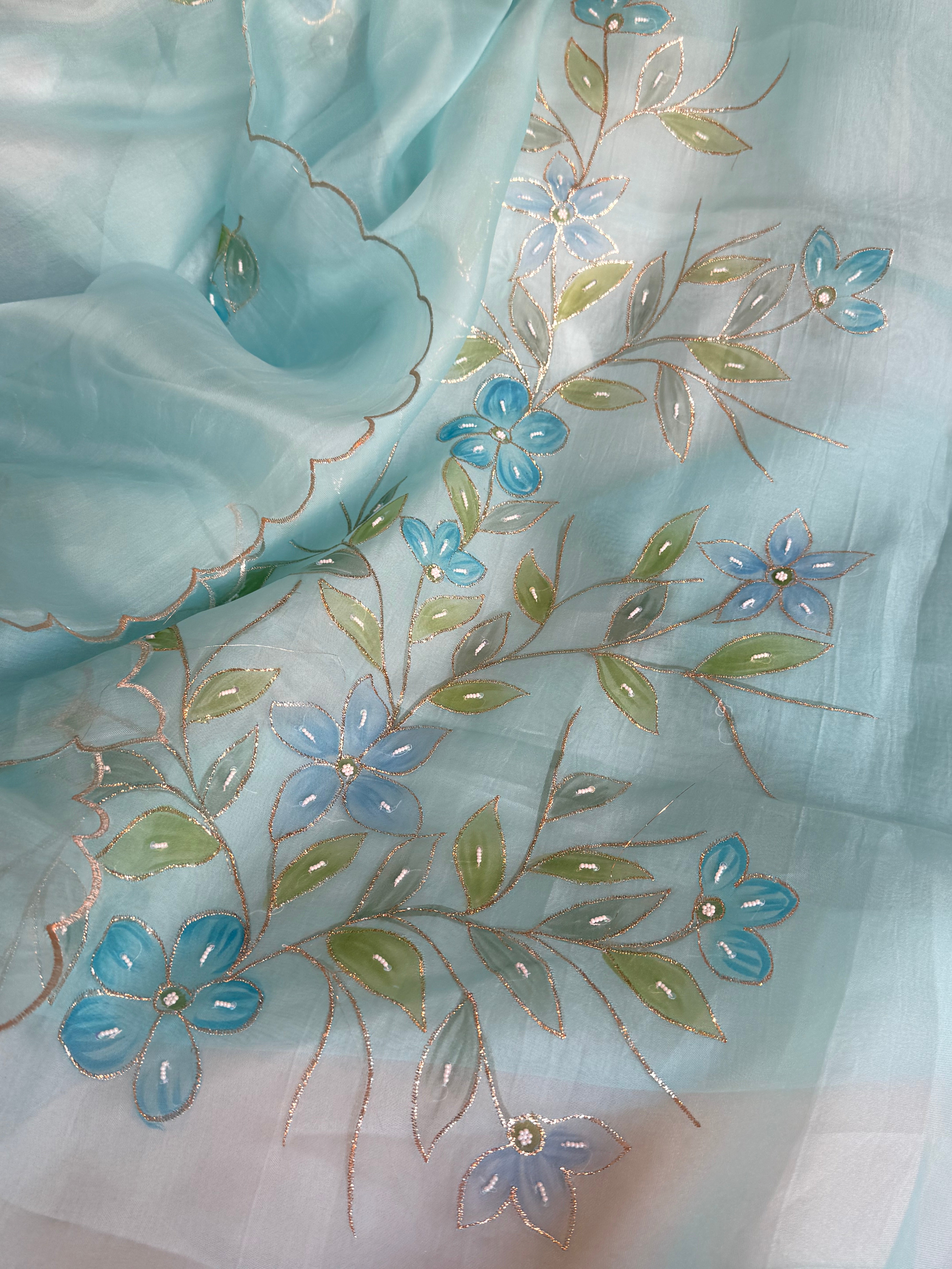 Baagicha edit - Banarasi kora silk handpainted floral hand embroidered suit set